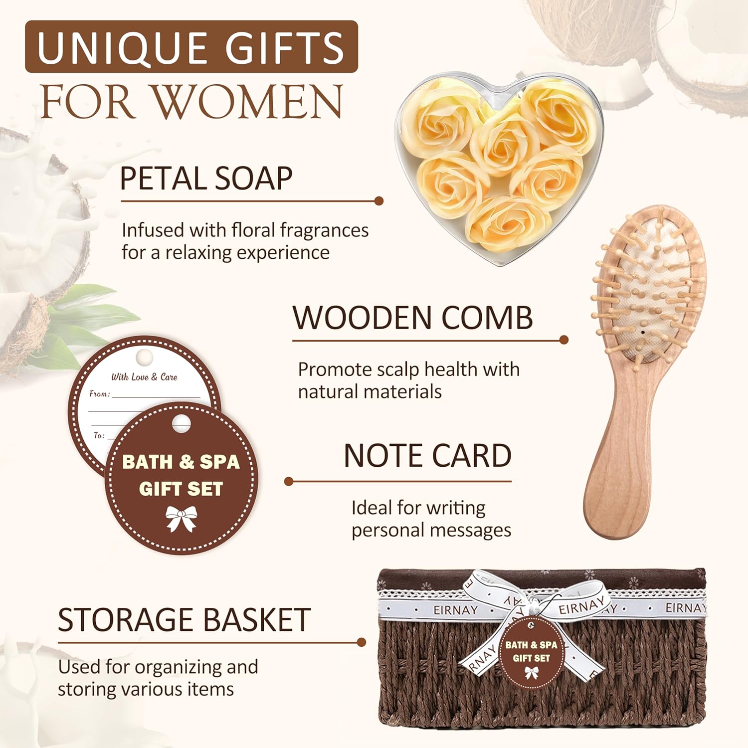 Christmas Gifts For Women - 16 PCS Birthday Gift Basket for Women Set of Coconut Vanilla Self Pampering Set, Includes Luxurious Home Spa Shower Gel Bubble Bath - Image 5