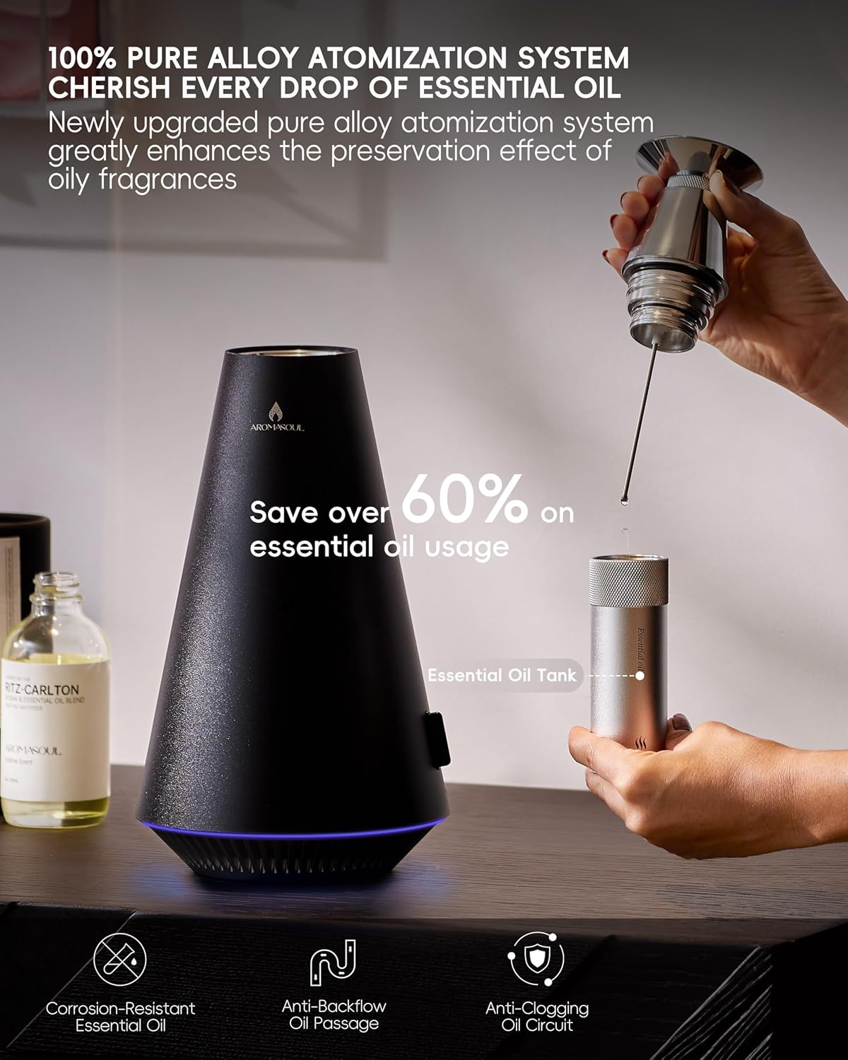 Wireless Rechargeable Waterless Scent Diffuser Starter Kit - 1500 Sq Ft Coverage,Alloy Atomization System,Mood Light, Hotel Scent Diffuser, Including 120ml Essential Oil, for Home,Large Room,Spa,Black - Image 4