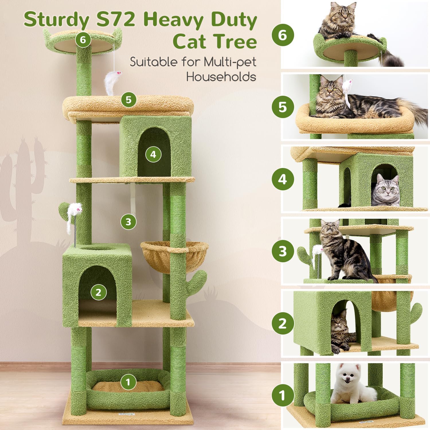 Globlazer Heavy Duty Cactus Cat Tree for Large Cats, Sturdy 72in Maine Coon Cat Tree for Large 20 lbs+ Cactus Cat Tower for Adult Biggest Cats with 6 Scratching Posts, Hammock, S72, Green - Image 2