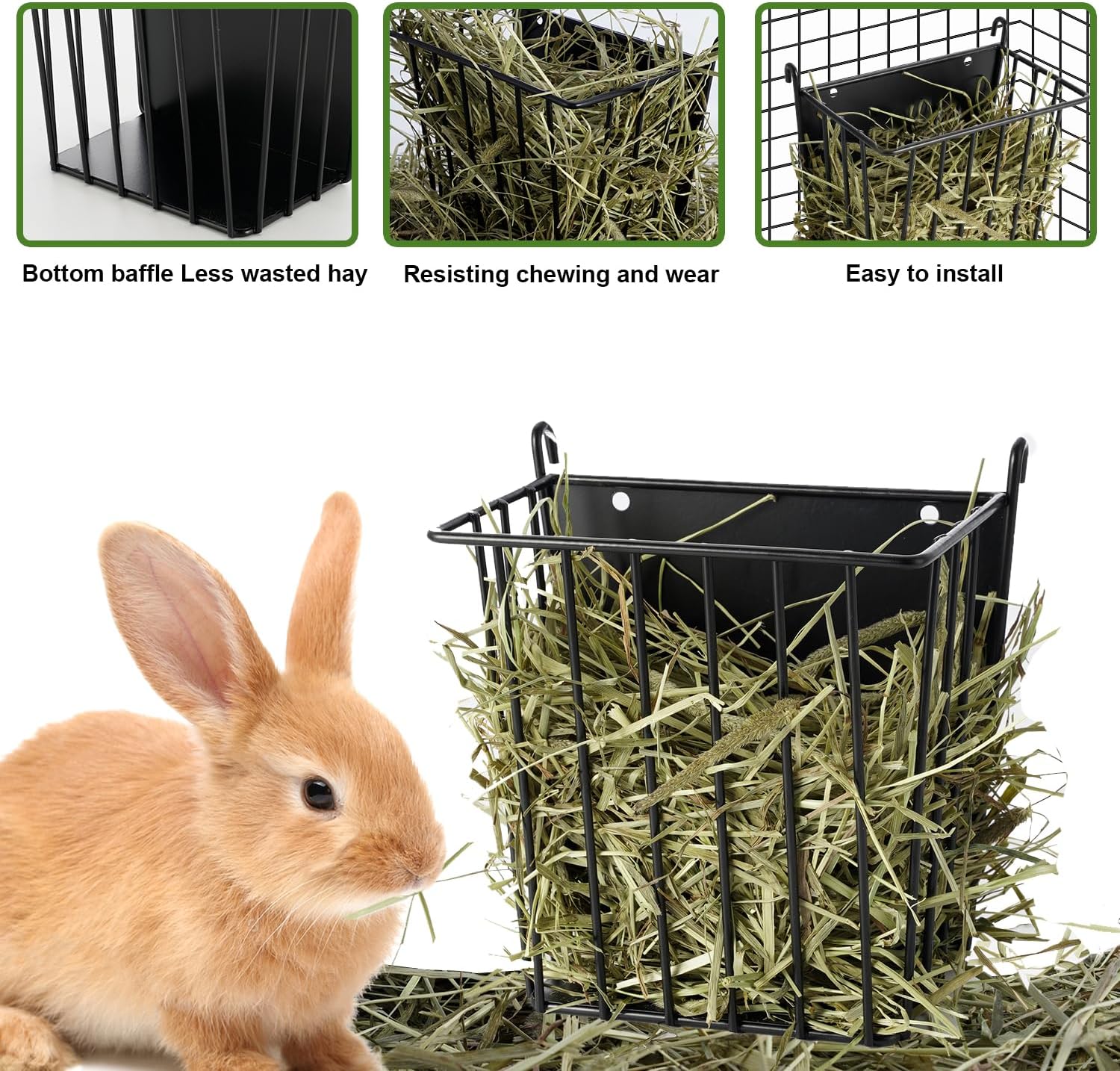 Upgrades 2pcs Hay Feeder Rabbit - Guinea Pig - Metal Frame Hay Rack with Adjustable Hook - Less Wasted - for Guinea Pig, Bunny, Chinchilla Cage Accessories - Bunny Feeder - Image 3