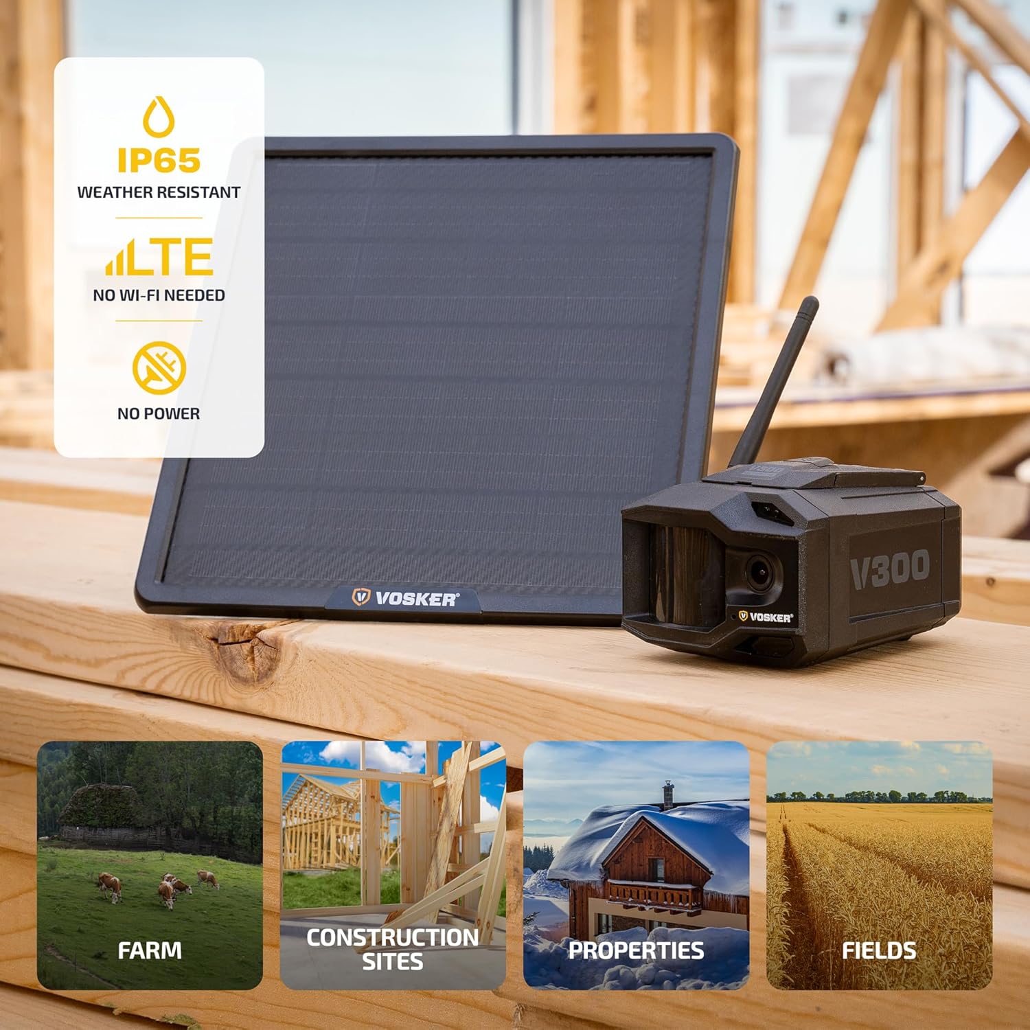 Vosker V300 Ultimate Construction Pack Outdoor Security Camera with External Solar Panel for Remote Construction Sites 4G LTE Black Single Unit with Battery - Image 3