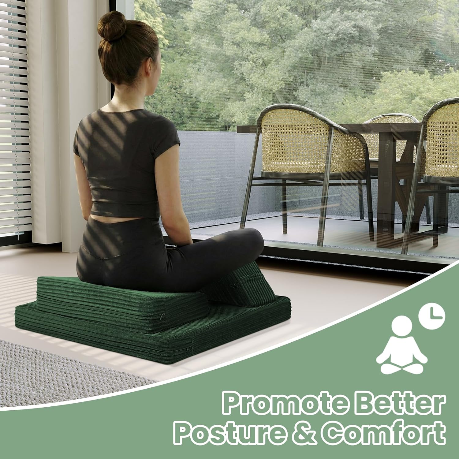 Meditation Cushion, Meditation Pillow for Sitting on Floor, Large Yoga Zabuton Pillows Washable, Zafu Set with 2 Knee Supports, 3 Shapes for Comfortable Sitting, Green - Image 4