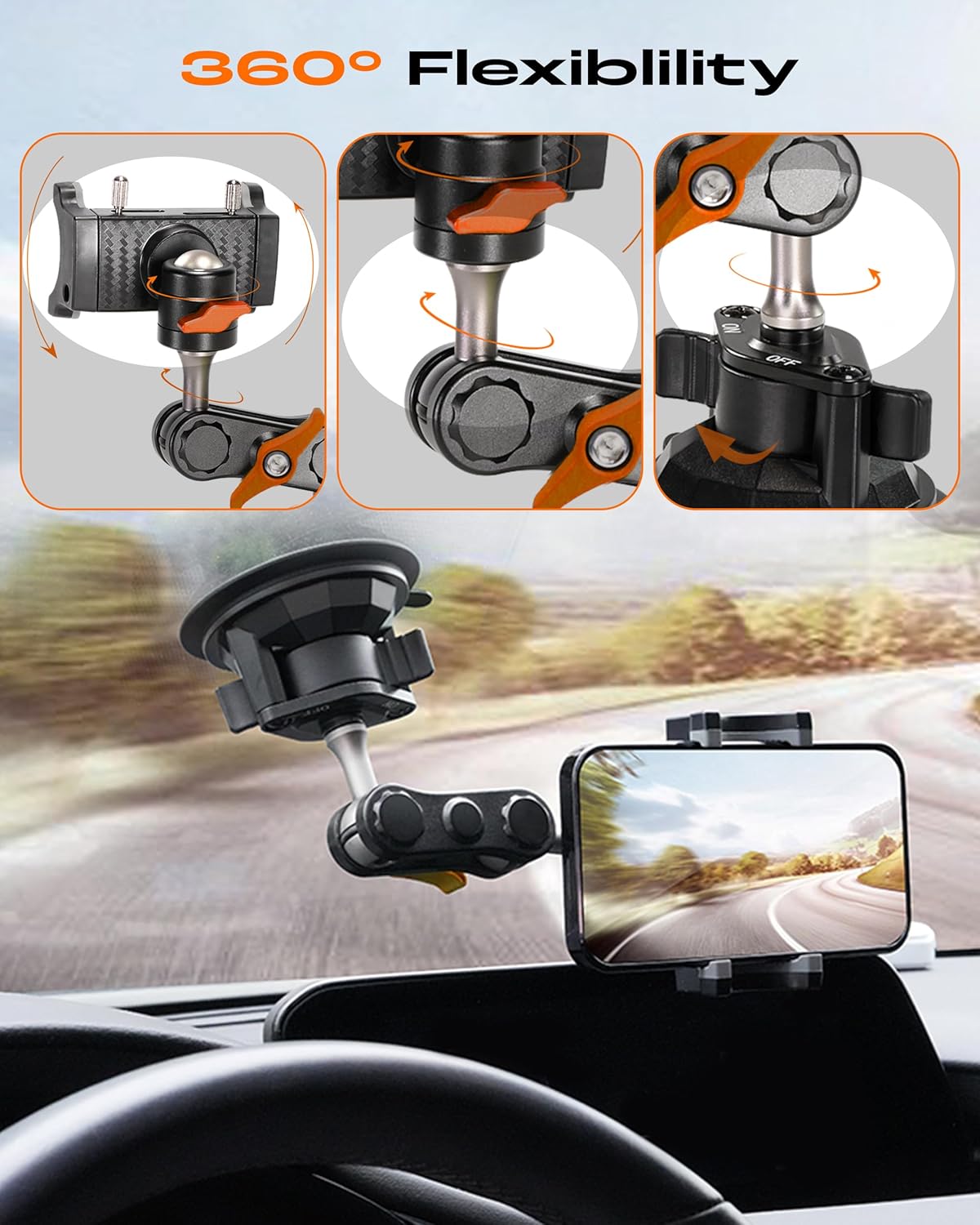 chubbycable ChubbyGrip Pro Dash Mount Premium Metal Knobs Phone Holders for Your Car 360° Rotation Suction Cup Phone Mount for Windshield, Clamp, Orange - Image 4