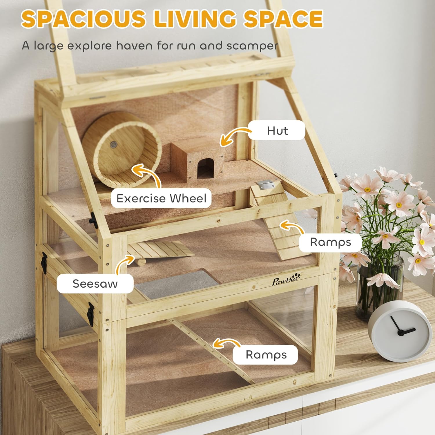 PawHut Wooden Hamster Cage, 3 Tier Small Animal Cage with Detachable 12.6" Deep Bottom, Hut, Seesaw, Exercise Wheel, Ramps, Hamster Habitat for Dwarf, Gerbil, 24" x 16" x 29.5" - Image 3