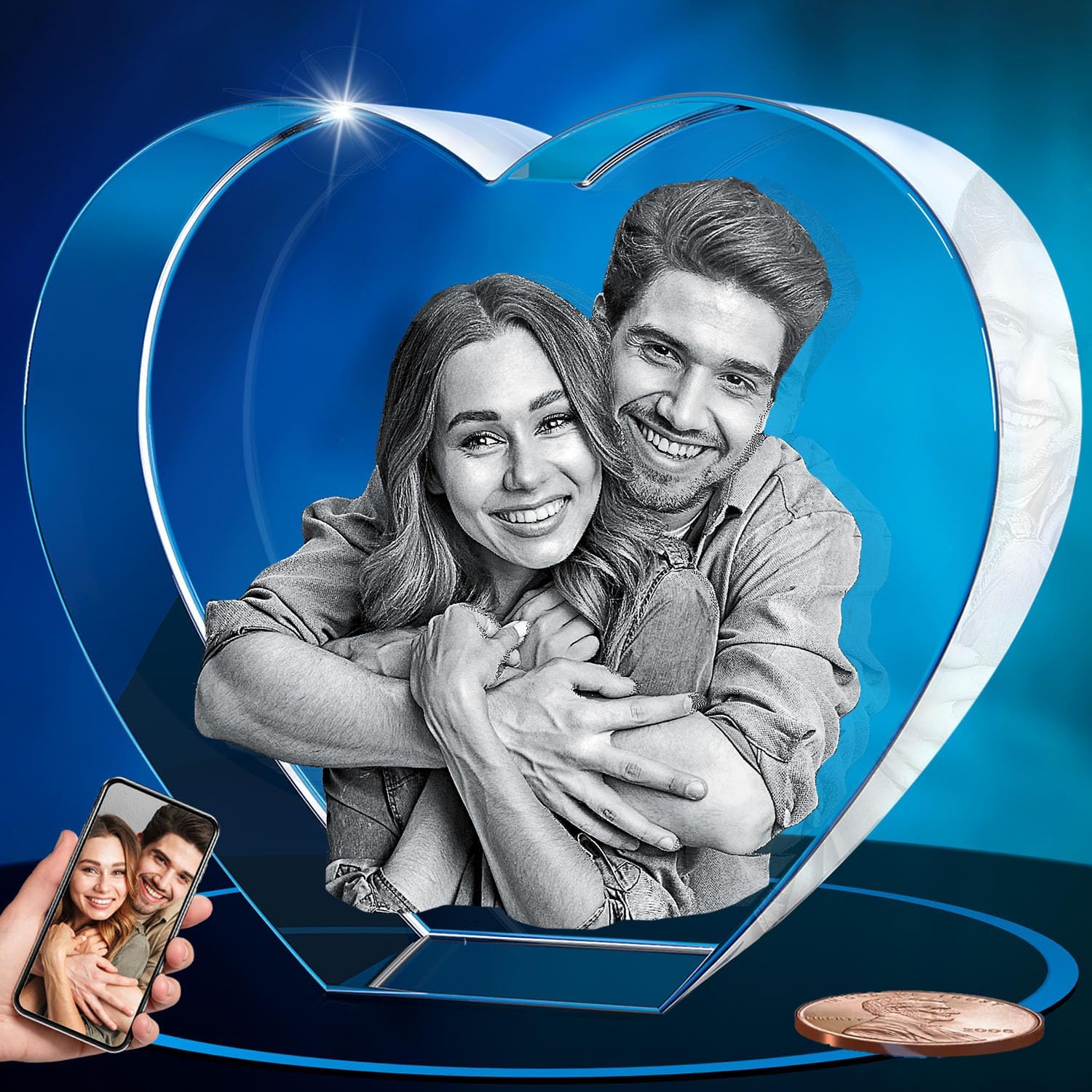 ArtPix 3D Crystal Photo, Personalized Gifts for Women, Wife, Men, Mom, Father, Her, Him, Dad, Grandpa, Great Customized Gift with Your Own Photo, Custom Glass 3D Laser Etched Picture Wedding - Heart