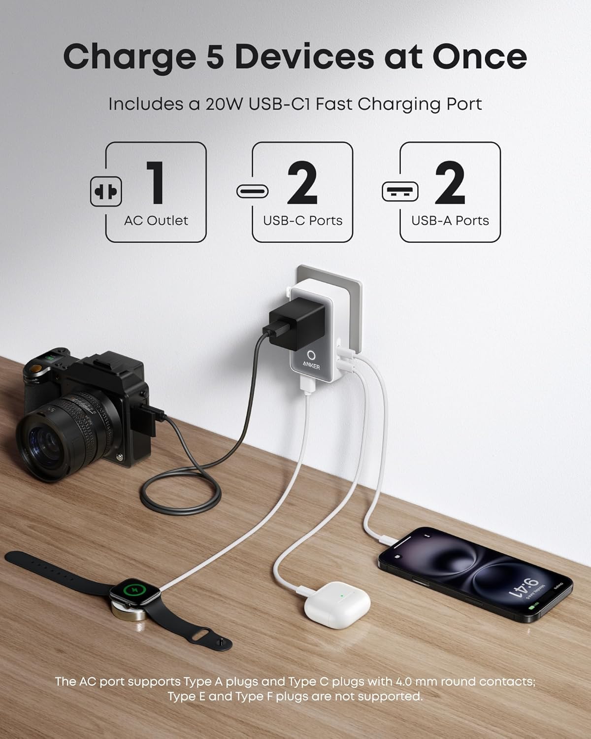 Anker Nano Travel Adapter, 5-Port Power Adapter with 1× 2-Pin AC, 2 USB A, 2 USB C for 20W, Smart Temperature Control, Works in 200+ Countries, Not a Voltage Converter, Travel Essentials (1-Pack) - Image 3