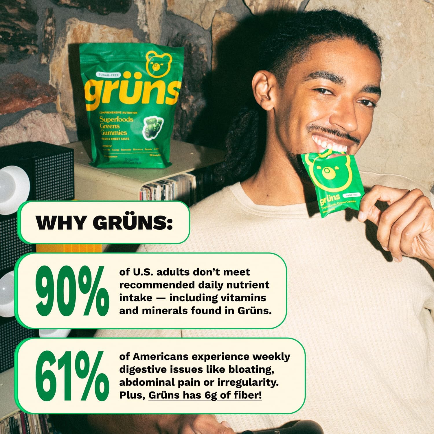 Gruns Adults Super Greens Gummies, Multivitamin Superfood Gummy Bears, Spirulina, Chlorella, Prebiotics & Fiber Gummies for Digestive Health, Adaptogens Supplement, 20 Vitamins & Minerals, 10 Count - Image 9