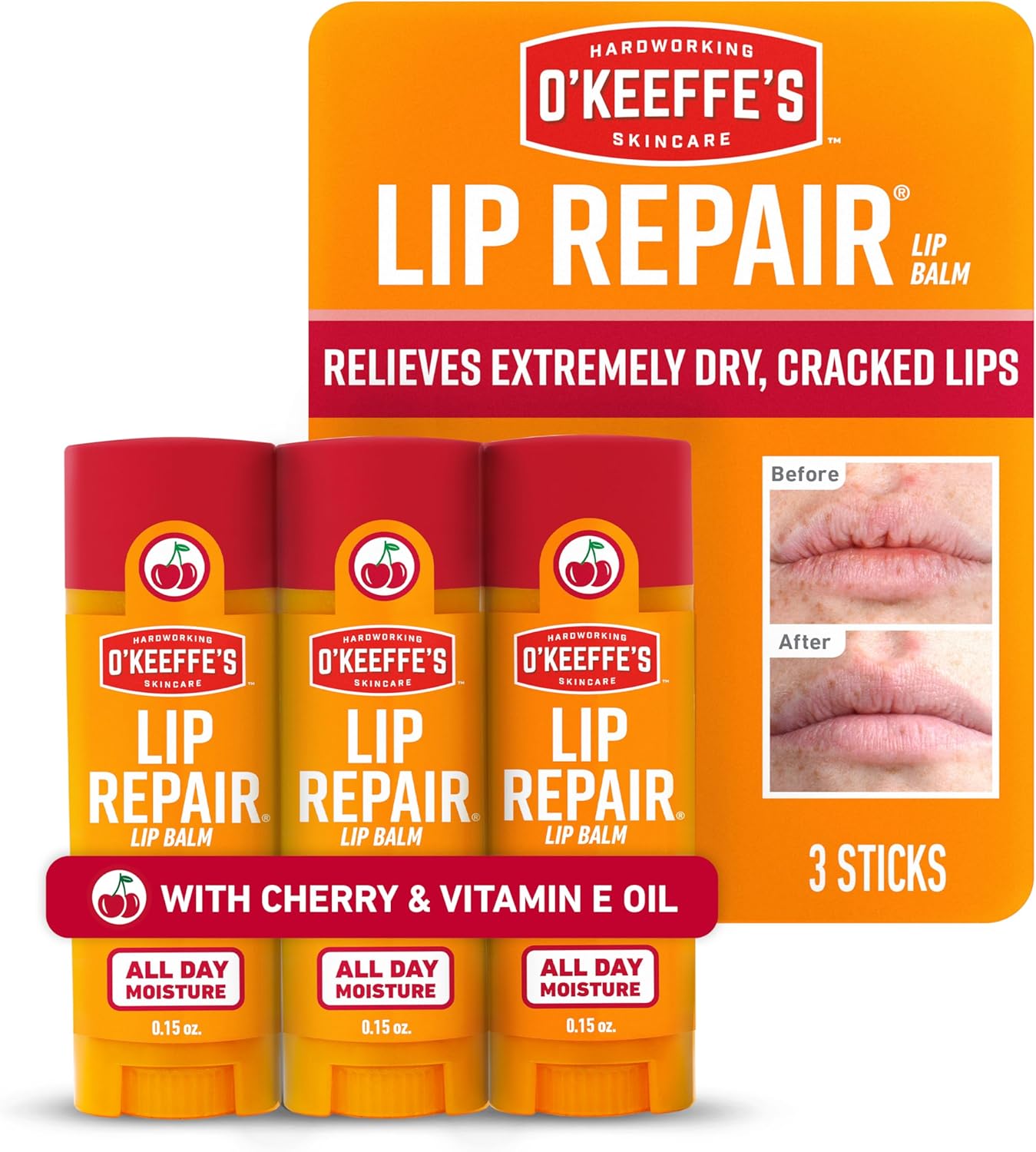 O'Keeffe's Lip Repair Lip Balm with Cherry & Vitamin E Oil - Stick (3 Pack) - Moisturizer for Extremely Cracked, Dry Lips