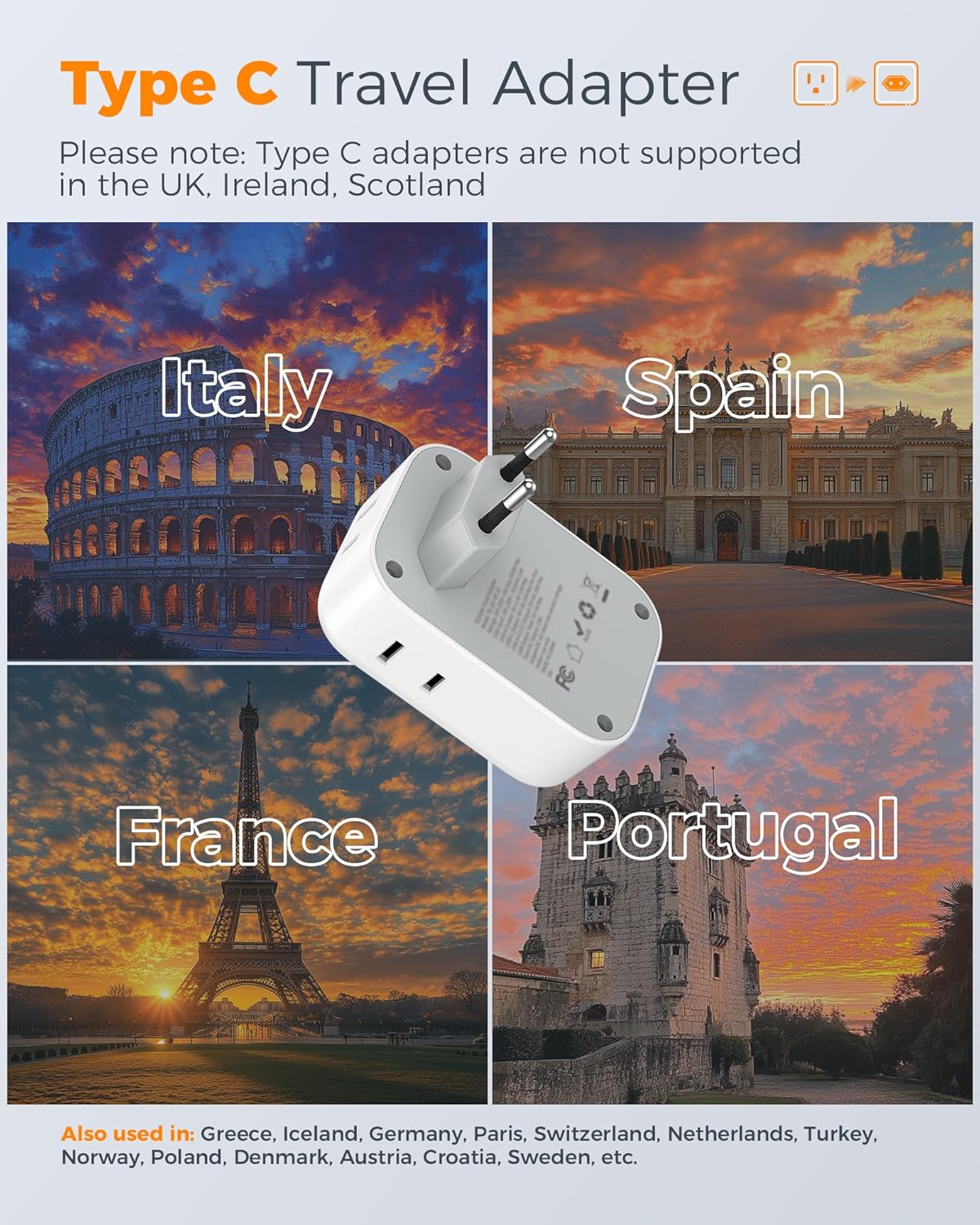 2 Pack European Plug Adapter USB C, TESSAN US to Europe Adapter 4 Outlets 3 USB Charger, Type C International Power Adaptor to Italy Spain France Portugal Iceland Germany, Europe Travel Essentials - Image 2