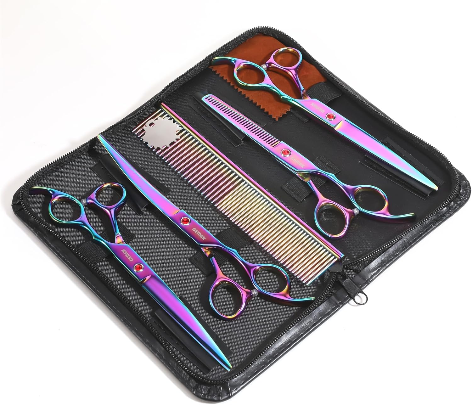 7.0in Titanium Professional Pet Grooming Scissors Set, GEMEK 6 in 1 Straight & Thinning & Upwards Curved & Downwards Curved Scissors & Comb for Dogs, Cats (Rainbow) - Image 2