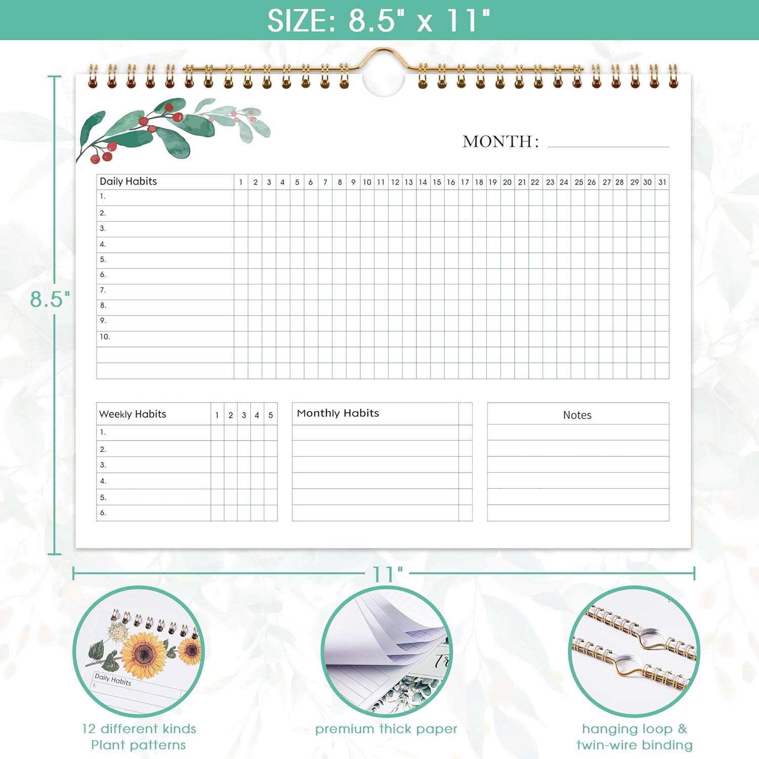 Habit Tracker Calendar - 12 Months Undated Daily Planner, 8"x10", Weekly & Monthly Period Habit Tracker Journal, Floral, Spiral Binding with Writable Goals Habits Track - Image 4