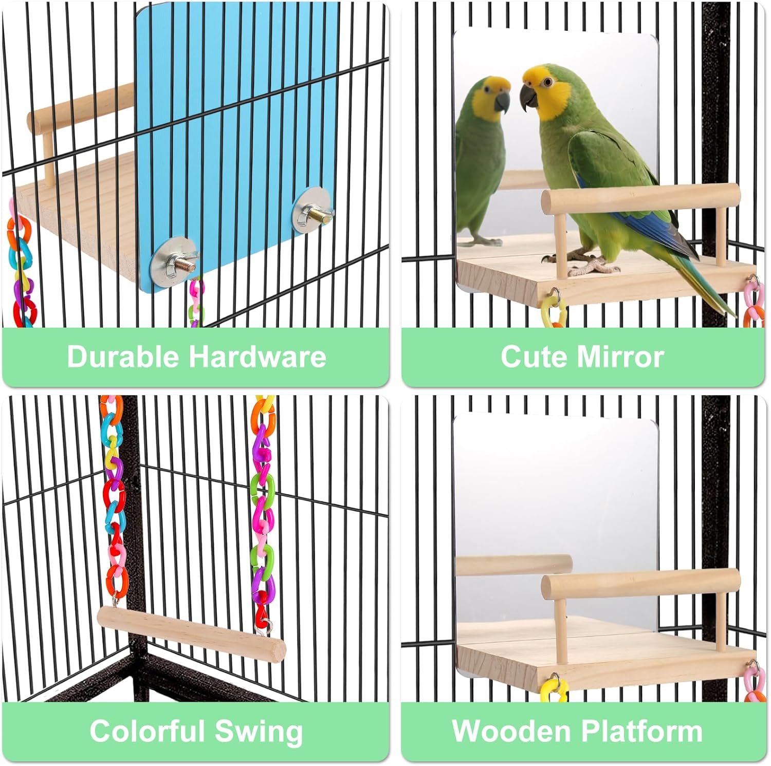 KyoukiBird Perch Platform Bird Toys with Bird Mirror Climbing Ladder Swing, Parakeet Cage Accessories - for Cockatiels, Lovebirds, Budgies,Pacific Parrotlets,Finch,Canaries - Wooden Play Gym - Image 6