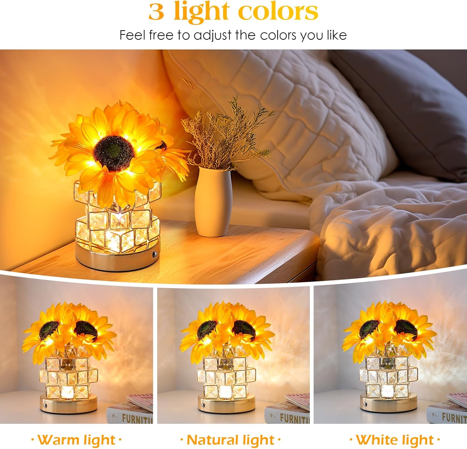 Sunflowers Flower Lamp,Rechargeable Cordless Touch Table Lamp,3-Colour Infinitely Dimming Small Night Light,Festival Restaurant Bedroom Bar Coffee Shop Birthday Gifts for Women Mom - Image 3