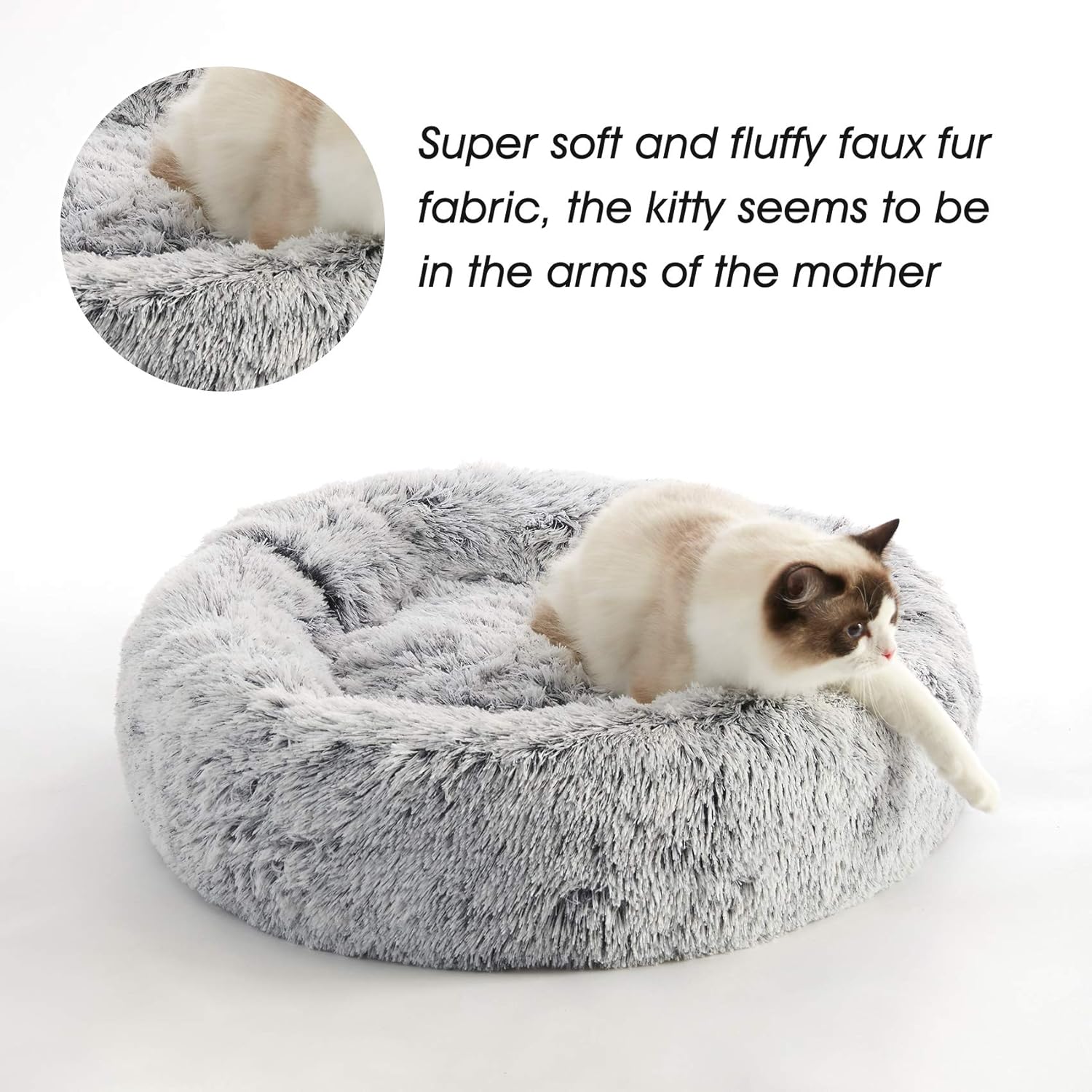 WESTERN HOME WH Calming Soft Round Dog & Cat Bed, Anti-Anxiety Donut Cuddler Warming Cozy Fluffy Faux Fur Plush Cushion Bed for Small Medium Dogs and Cats (20"/24"/27"/30"), Light Grey - Image 2