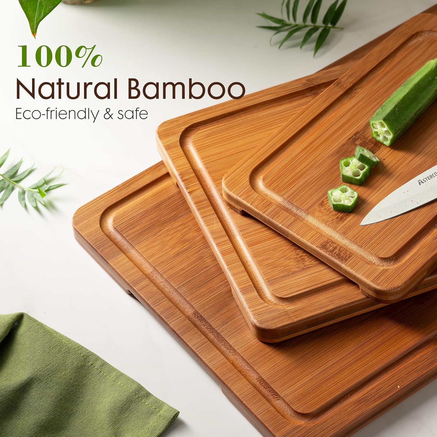 Astercook Deep-Carbonized Bamboo Cutting Boards for Kitchen with Wood Storage Stand, Reversible Charcuterie & Chopping Boards with Juice Grooves and Easy-Grip Handles, Knife-Friendly, Kitchen Gift - Image 4