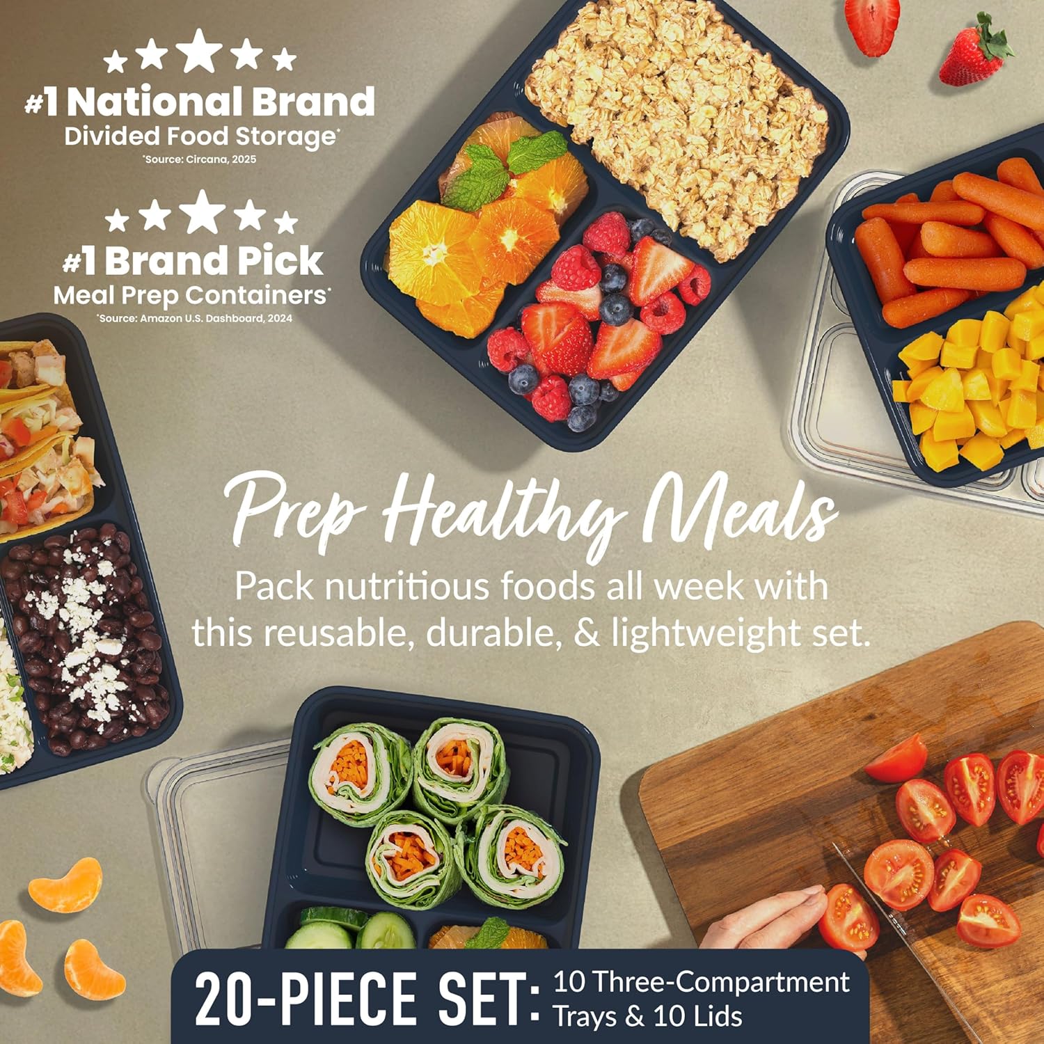 Bentgo Prep - 20-Piece 3-Compartment Reusable Meal Prep Containers with Lids, PFAS & BPA Free Materials, Durable, Microwave, Freezer, & Dishwasher Safe To Go Food Storage (Navy Blue) - Image 2