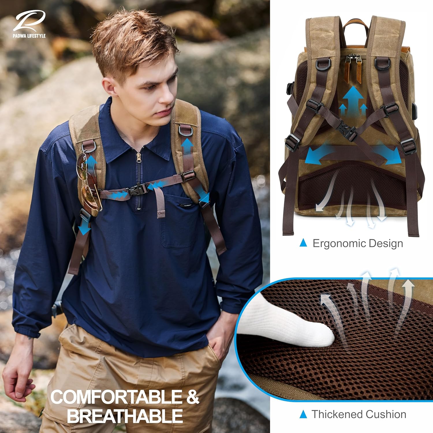 Padwa Lifestyle Khaki Camera Backpack - Waxed Memory Canvas Camera Bag, Multi DSLR SLR Large Camera Backpacks for Photographers with 16” Laptop & Lens Compartment and Tripod Holder & Weather Resistant - Image 4
