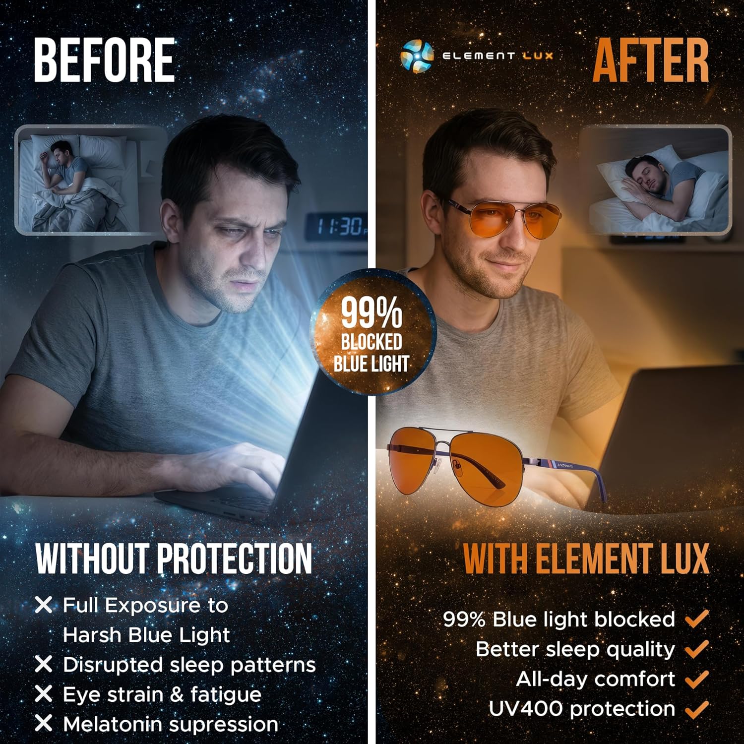 Blue Light Blocking Glasses Amber Lenses -For Better Sleep, Gaming, Eye Strain Blocker, Computer, Sunglasses - Image 3