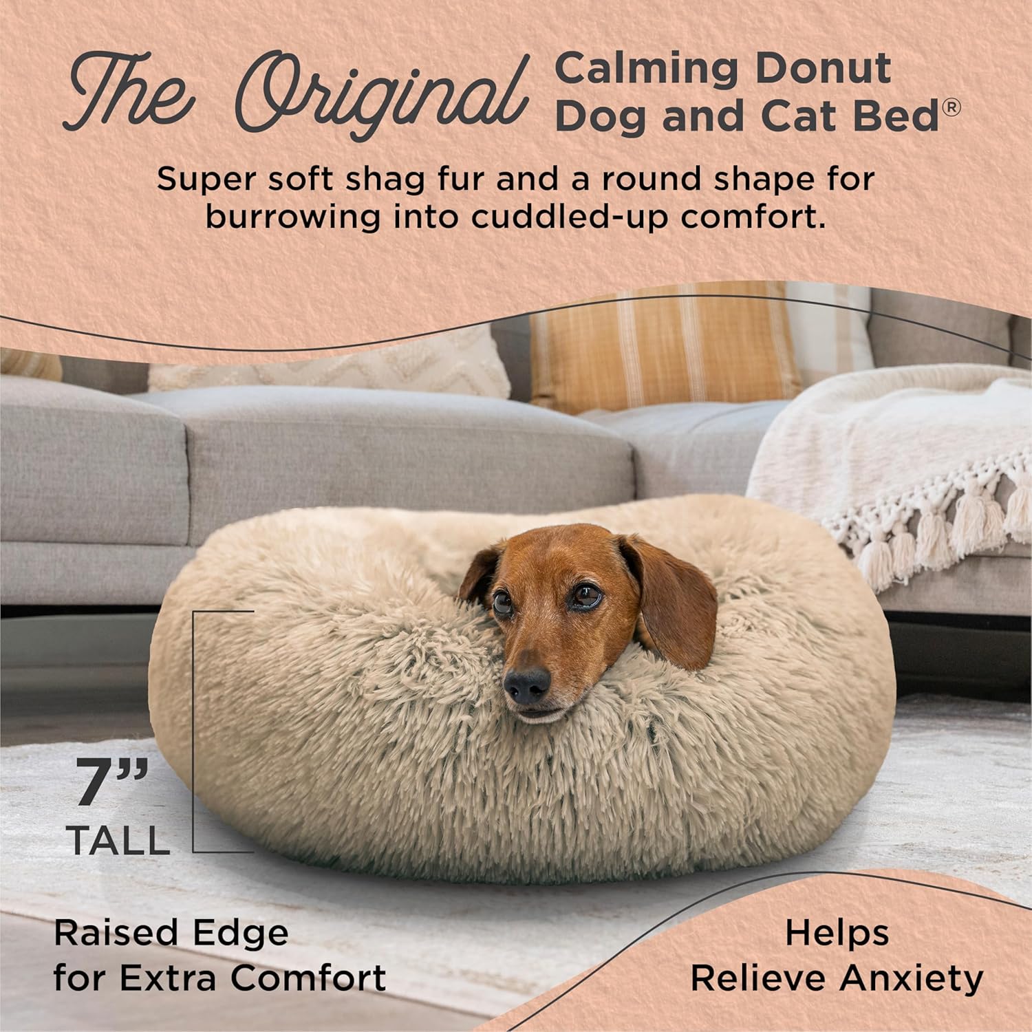 Best Friends by Sheri The Original Calming Donut Dog Bed – Washable Plush Pet Bed for Cats & Small Dogs up to 25 lbs, Shag Faux Fur, Taupe, Small (23" x 23") - Image 2