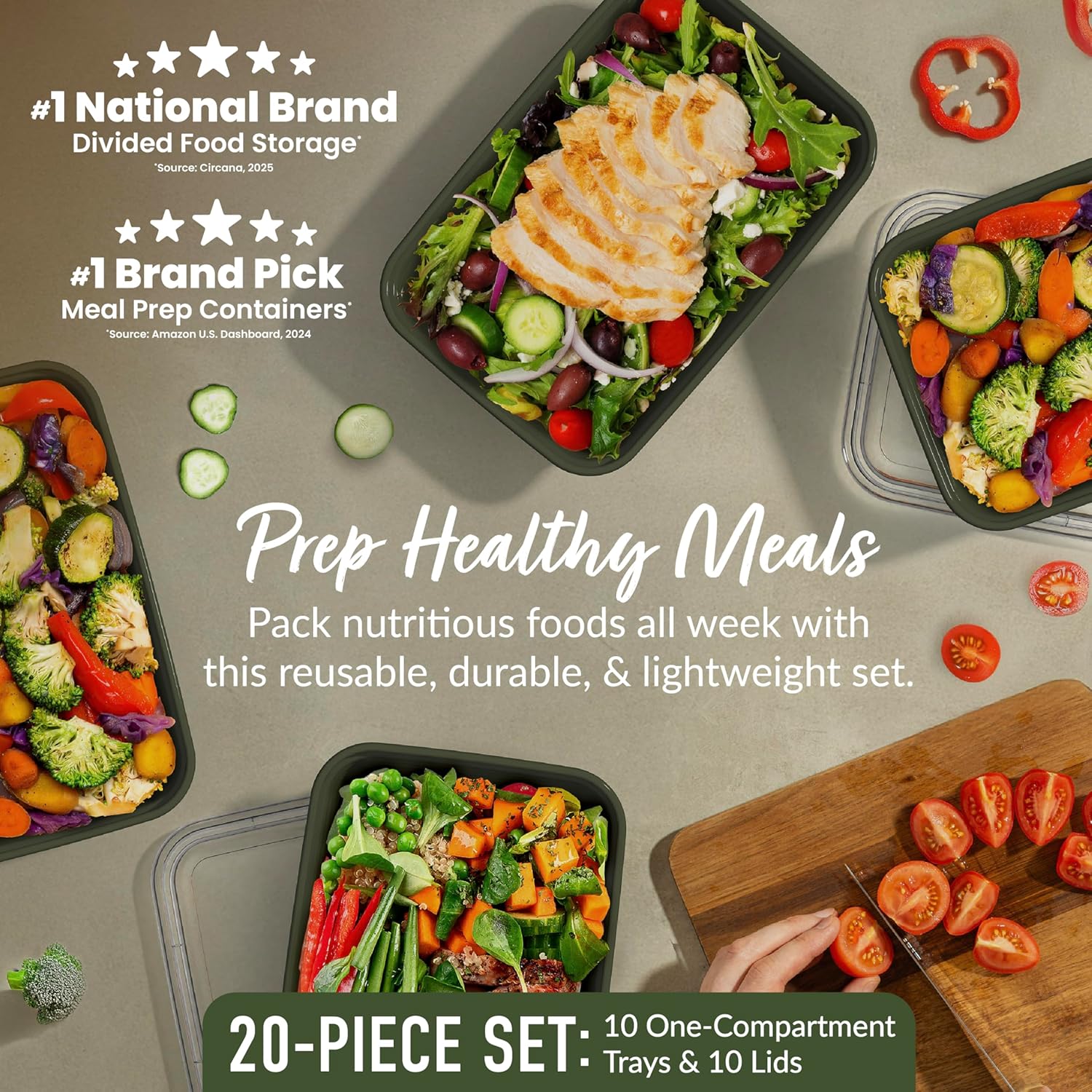 Bentgo Prep - 20-Piece 1-Compartment Reusable Meal Prep Containers with Lids, PFAS & BPA Free Materials, Durable, Microwave, Freezer, & Dishwasher Safe To Go Food Storage (Khaki Green) - Image 2