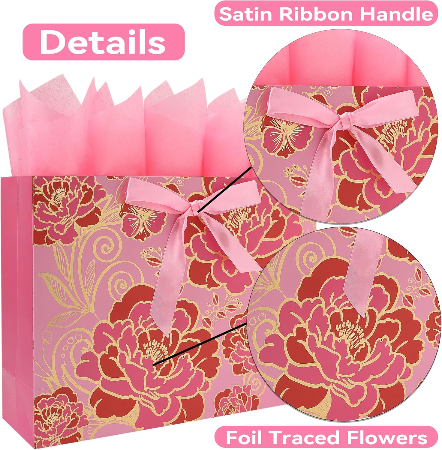 16.5" Extra Large Rose Pink Gift Bag Set with Greeting Card and Tissue Paper(Foil Traced Flowers) for Celebrating Birthdays, Mother's Day, Valentine's Day, Weddings, Anniversary - 16.5”x5.5”x12.6”, 1 Pcs. - Image 4