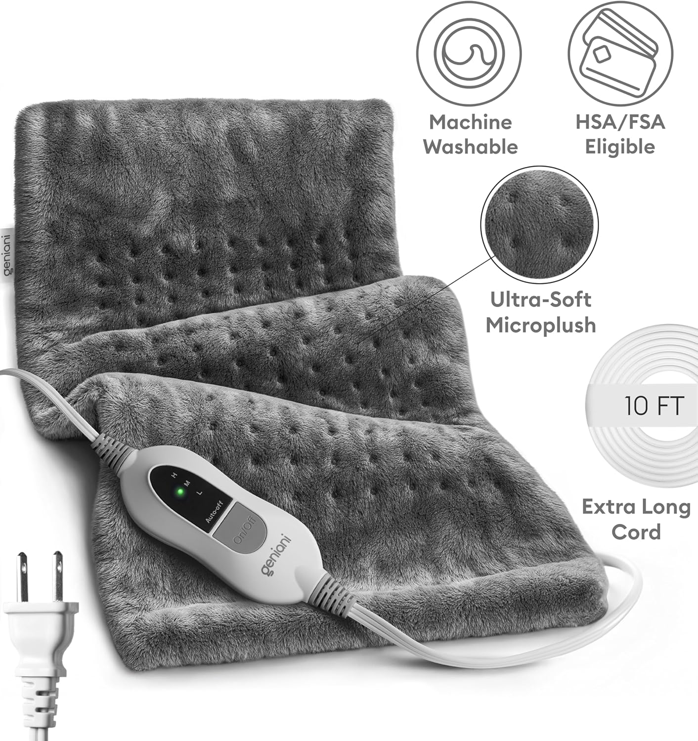 GENIANI Electric Heating Pad for Back Pain & Cramps Relief, Electric Throw, Auto Shut Off, Machine Washable, Heating Pad for Neck & Shoulder (12×24", Tabby Gray) - Image 4