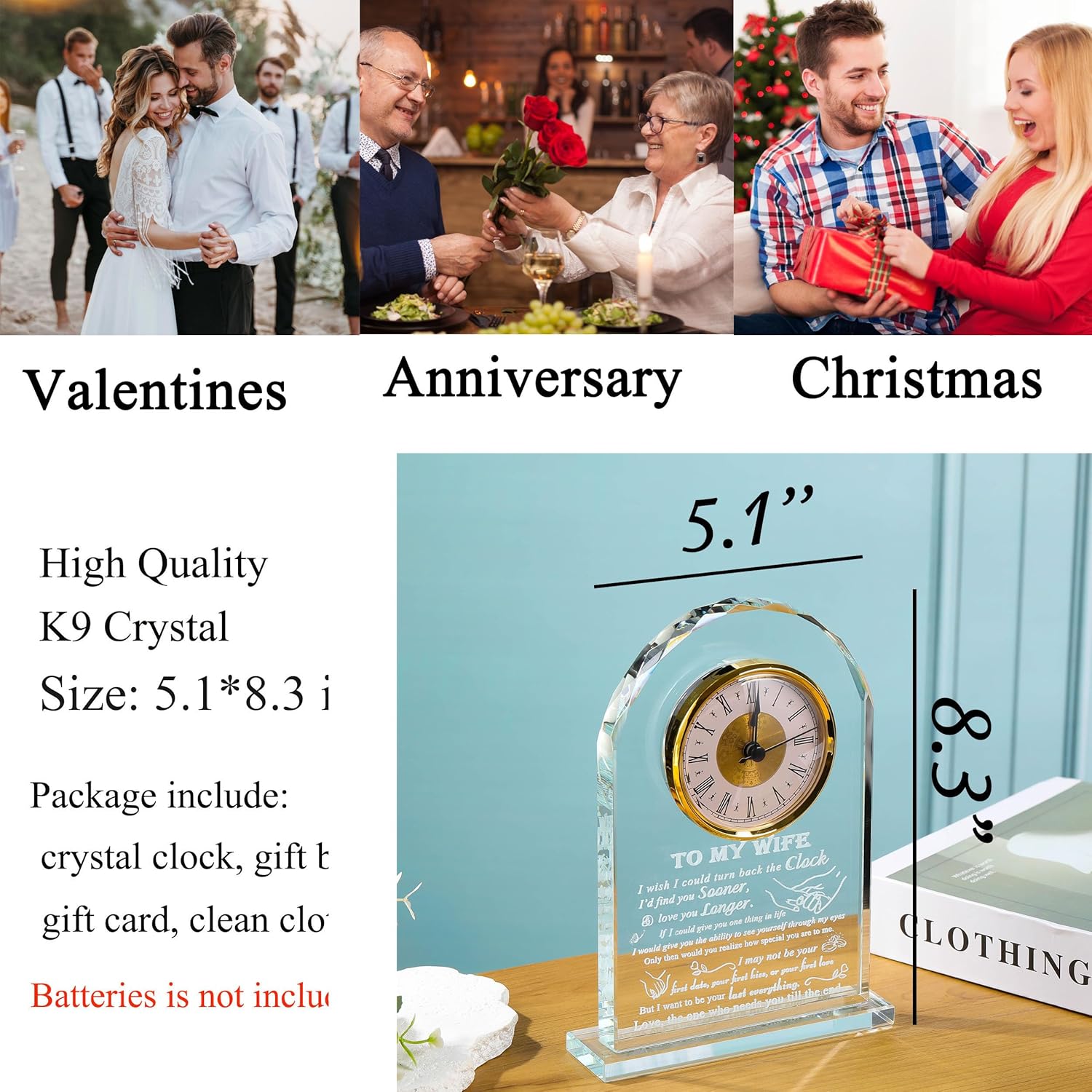 Movdyka Gifts for Wife from Husband Unique - Crystal Clock Engraved Personalized Gifts for My Lover Who Has Everything - Birthday Anniversary Wedding Present Ideas for Wife - Image 4