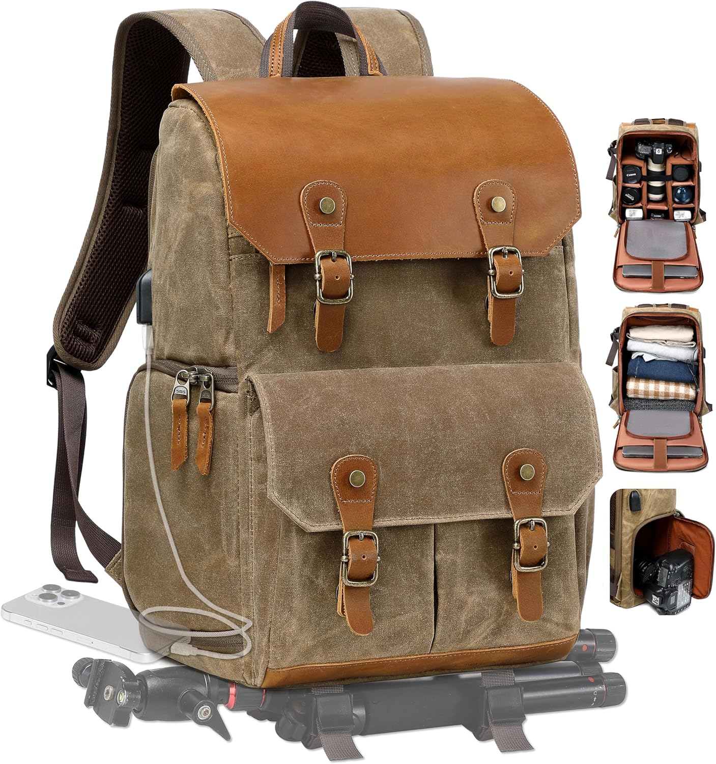 Padwa Lifestyle Khaki Camera Backpack - Waxed Memory Canvas Camera Bag, Multi DSLR SLR Large Camera Backpacks for Photographers with 16” Laptop & Lens Compartment and Tripod Holder & Weather Resistant