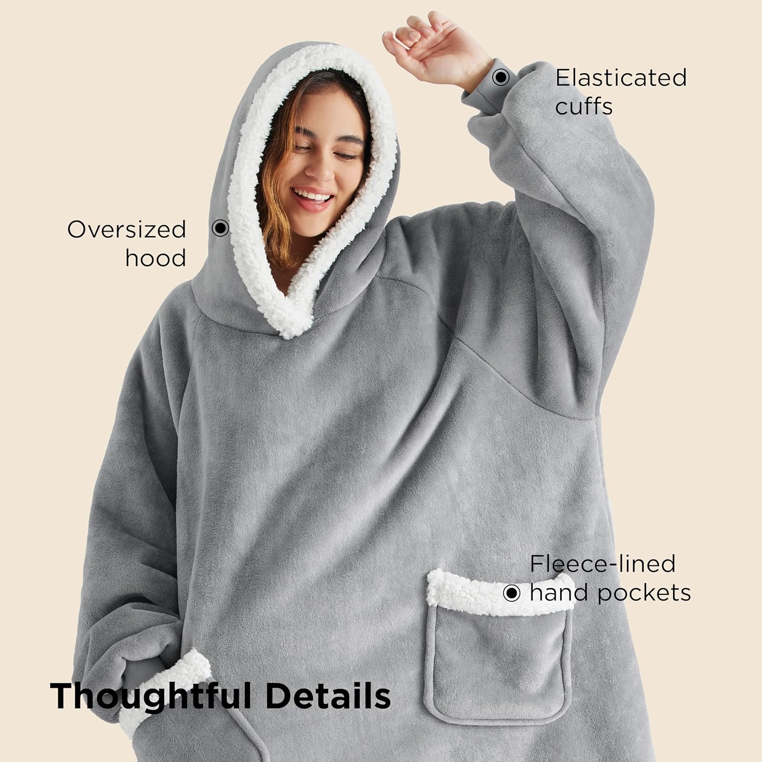 Bedsure Blanket Hoodie, Wearable Blanket Hoodie as Gifts for Mom, Birthday Gifts for Women Kids Teens Sherpa Sweatshirt, Grey, Standard - Image 8