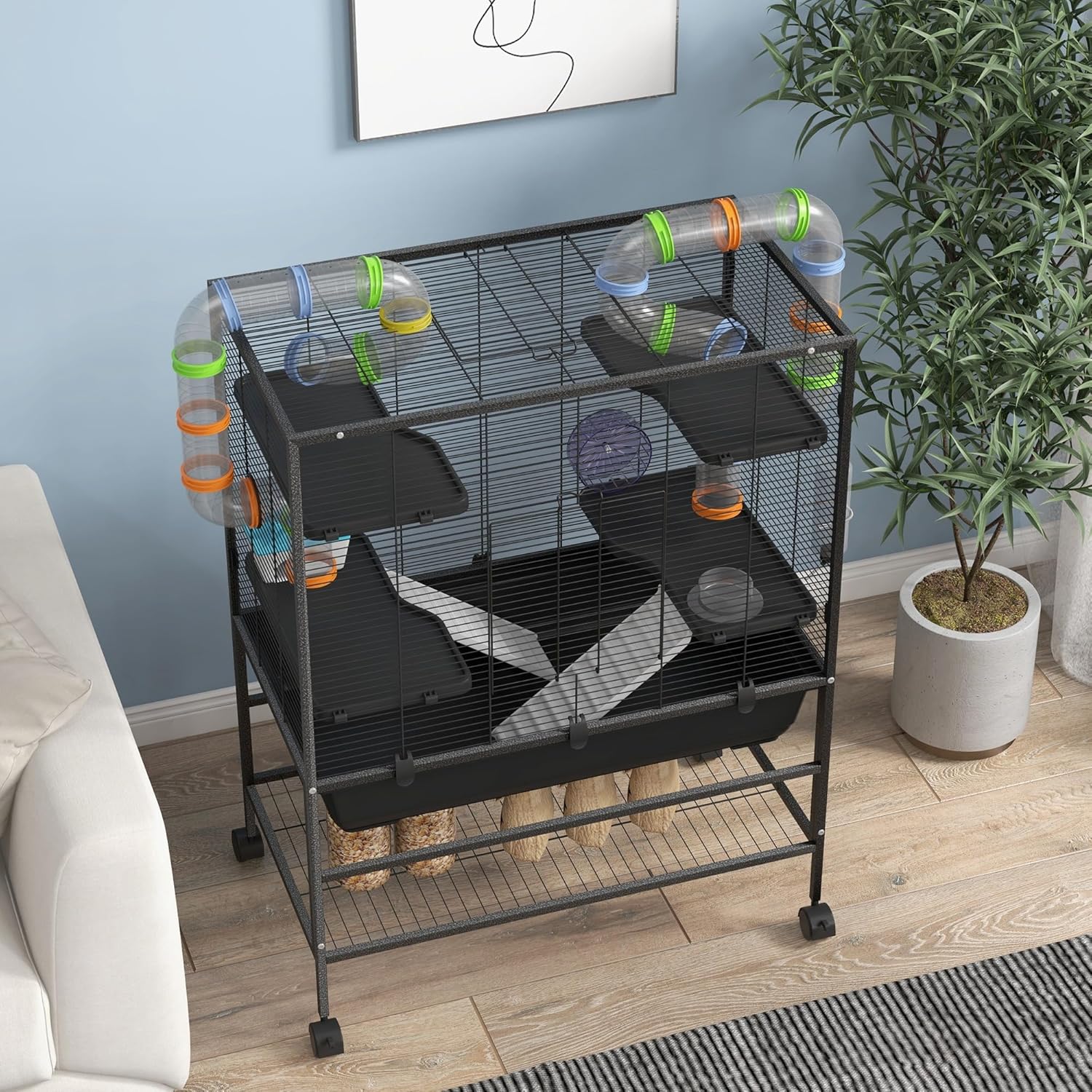 PawHut 32" Large Hamster Cage with Storage Shelf, Rat Cage for Syrian Hamster, Gerbils, with Tubes, Running Wheel, Food Dish, Water Bottle - Image 9