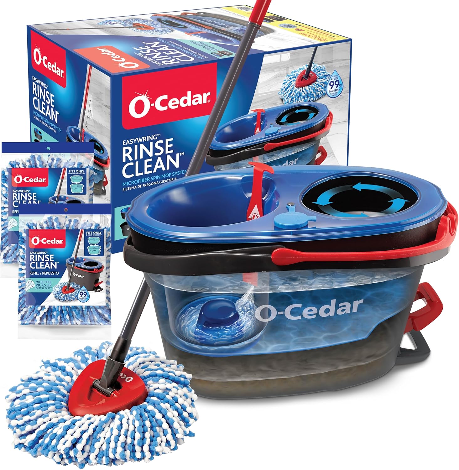 O-Cedar RinseClean Spin Mop & Bucket System + 2 Extra Mop Heads| Clean with Water | Removes 99% of Bacteria