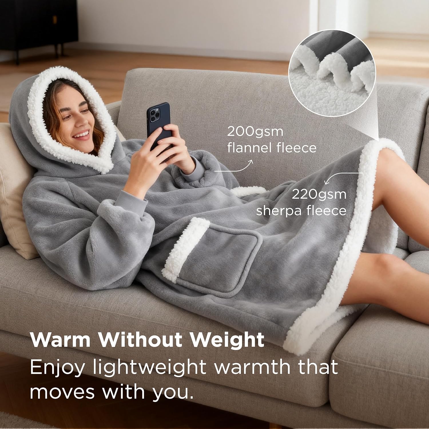 Bedsure Blanket Hoodie, Wearable Blanket Hoodie as Gifts for Mom, Birthday Gifts for Women Kids Teens Sherpa Sweatshirt, Grey, Standard - Image 2