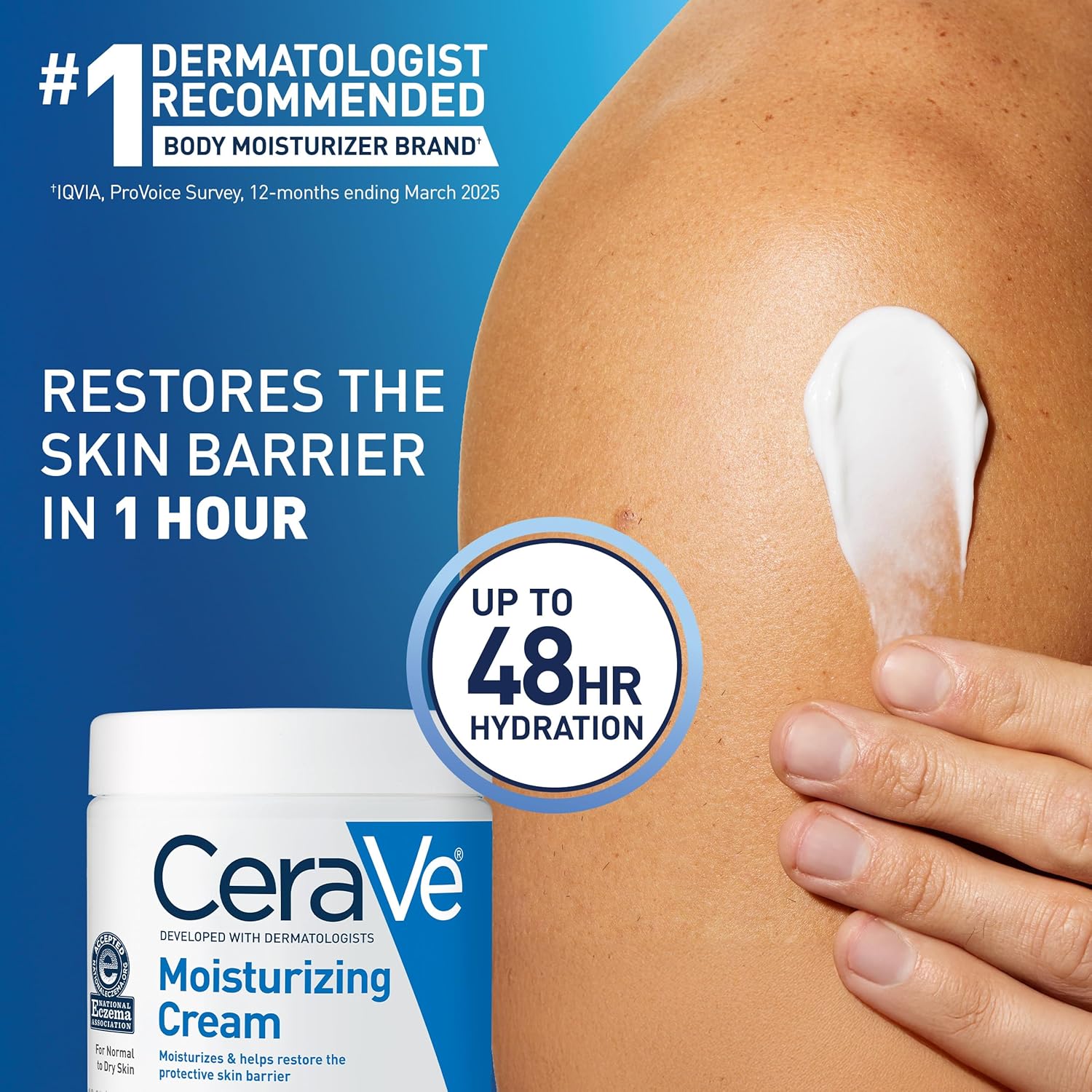 CeraVe Moisturizing Cream, Body and Face Moisturizer for Dry Skin, Body Cream with Hyaluronic Acid and Ceramides, Daily Moisturizer, Oil-Free, Fragrance Free, Non-Comedogenic, 19 Ounce - Image 3