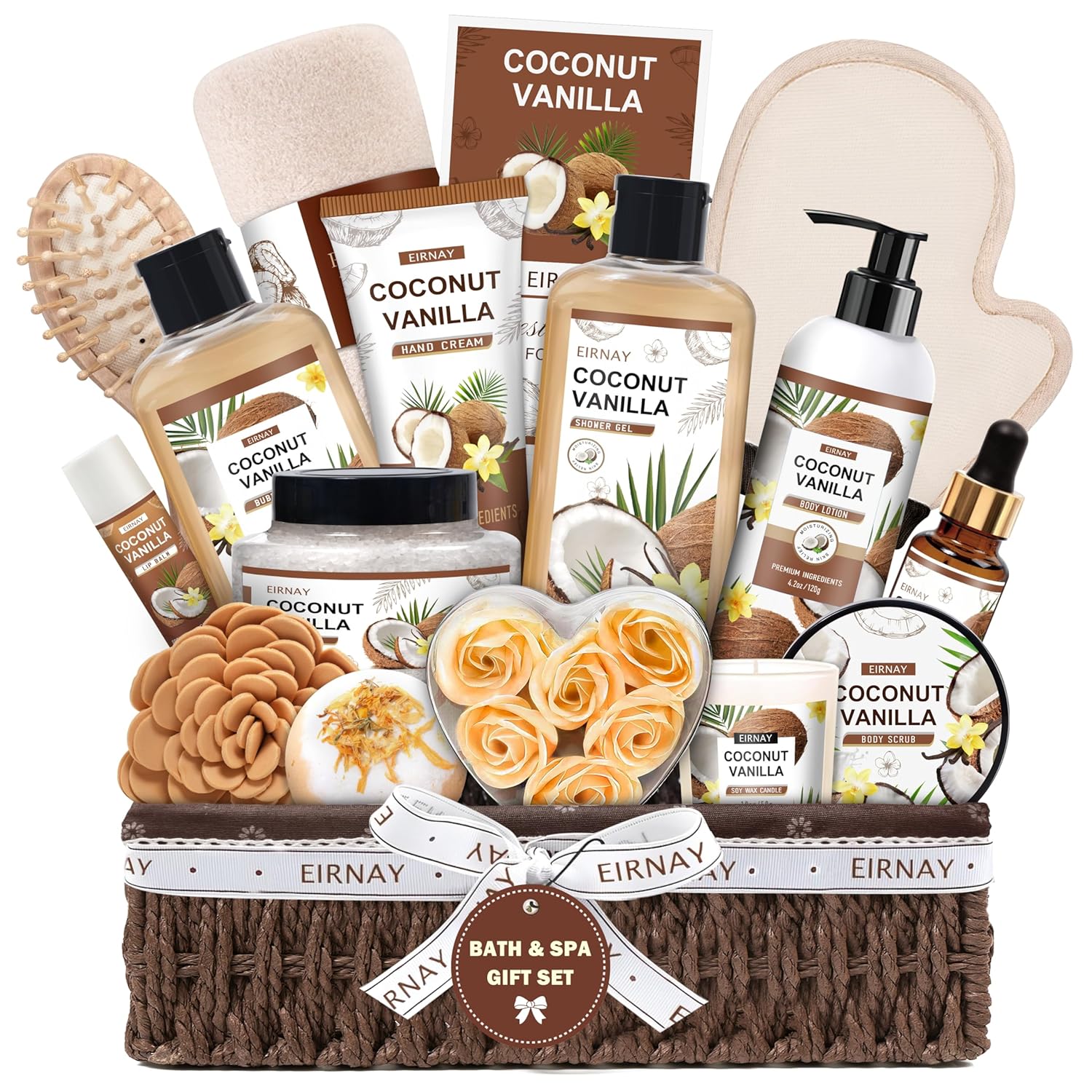 Christmas Gifts For Women - 16 PCS Birthday Gift Basket for Women Set of Coconut Vanilla Self Pampering Set, Includes Luxurious Home Spa Shower Gel Bubble Bath