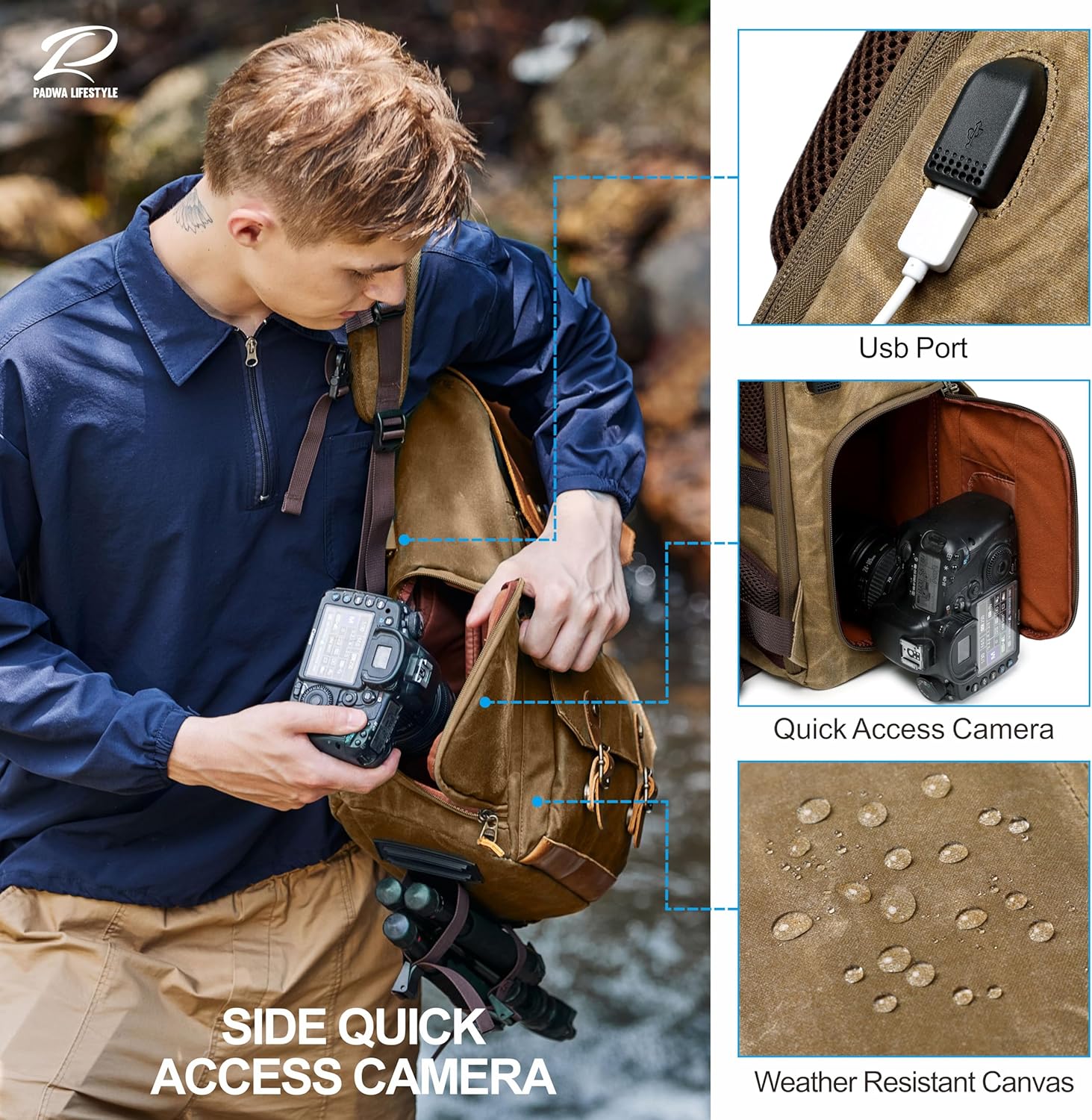 Padwa Lifestyle Khaki Camera Backpack - Waxed Memory Canvas Camera Bag, Multi DSLR SLR Large Camera Backpacks for Photographers with 16” Laptop & Lens Compartment and Tripod Holder & Weather Resistant - Image 5