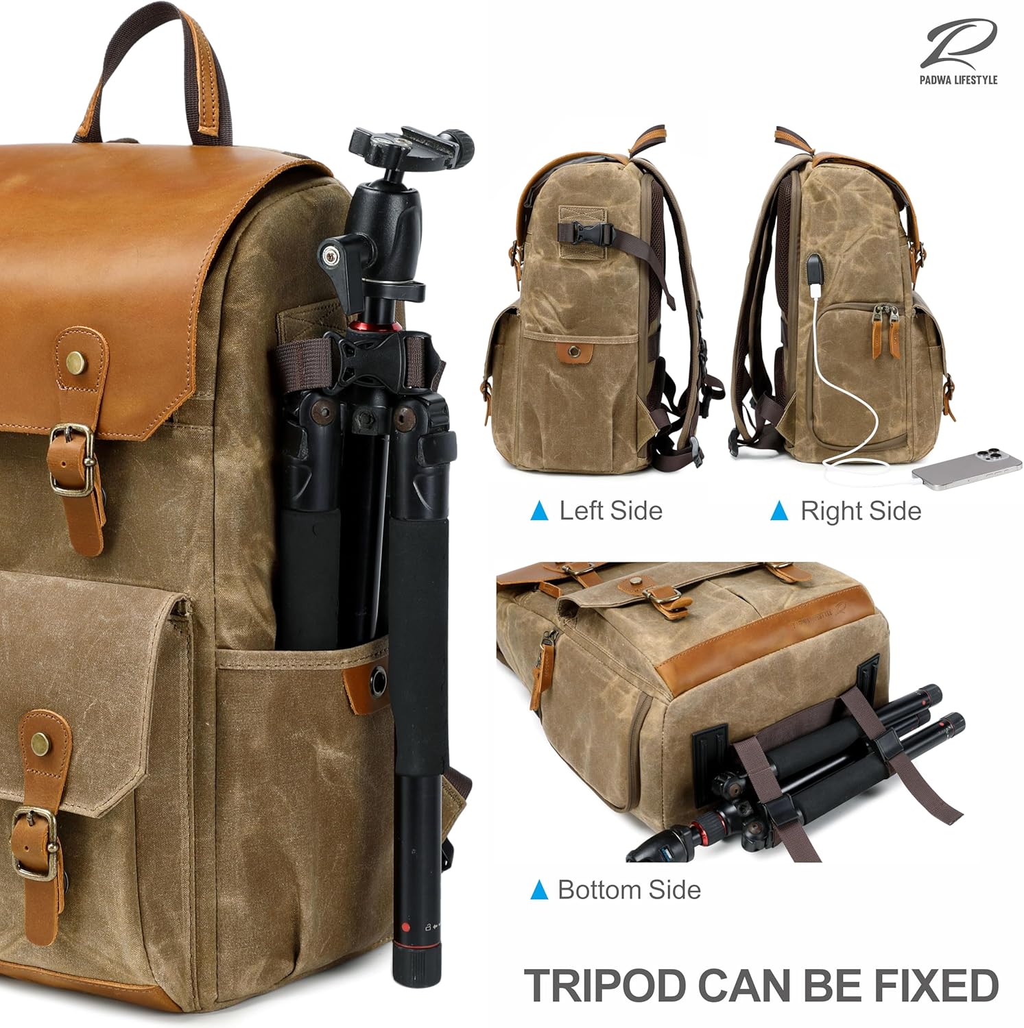 Padwa Lifestyle Khaki Camera Backpack - Waxed Memory Canvas Camera Bag, Multi DSLR SLR Large Camera Backpacks for Photographers with 16” Laptop & Lens Compartment and Tripod Holder & Weather Resistant - Image 8
