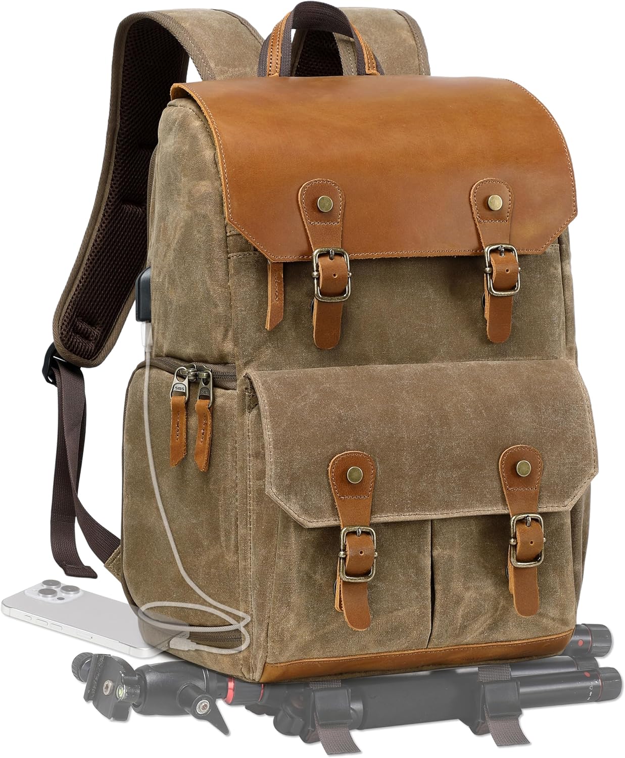 Padwa Lifestyle Khaki Camera Backpack - Waxed Memory Canvas Camera Bag, Multi DSLR SLR Large Camera Backpacks for Photographers with 16” Laptop & Lens Compartment and Tripod Holder & Weather Resistant - Image 9