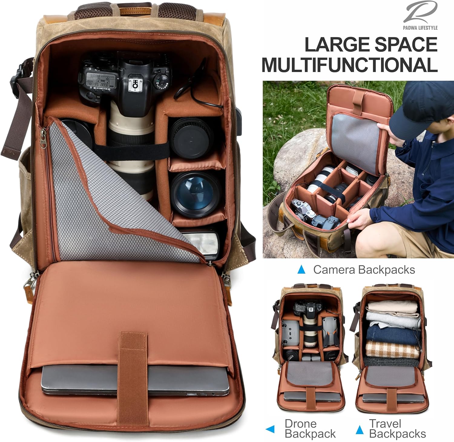 Padwa Lifestyle Khaki Camera Backpack - Waxed Memory Canvas Camera Bag, Multi DSLR SLR Large Camera Backpacks for Photographers with 16” Laptop & Lens Compartment and Tripod Holder & Weather Resistant - Image 3