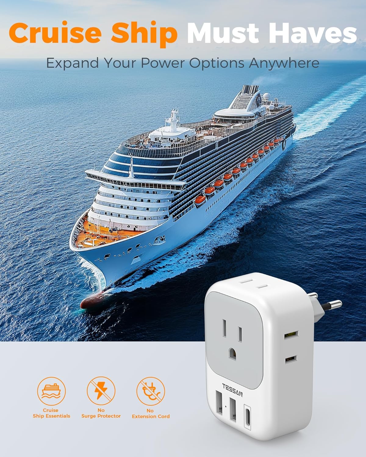 2 Pack European Plug Adapter USB C, TESSAN US to Europe Adapter 4 Outlets 3 USB Charger, Type C International Power Adaptor to Italy Spain France Portugal Iceland Germany, Europe Travel Essentials - Image 6