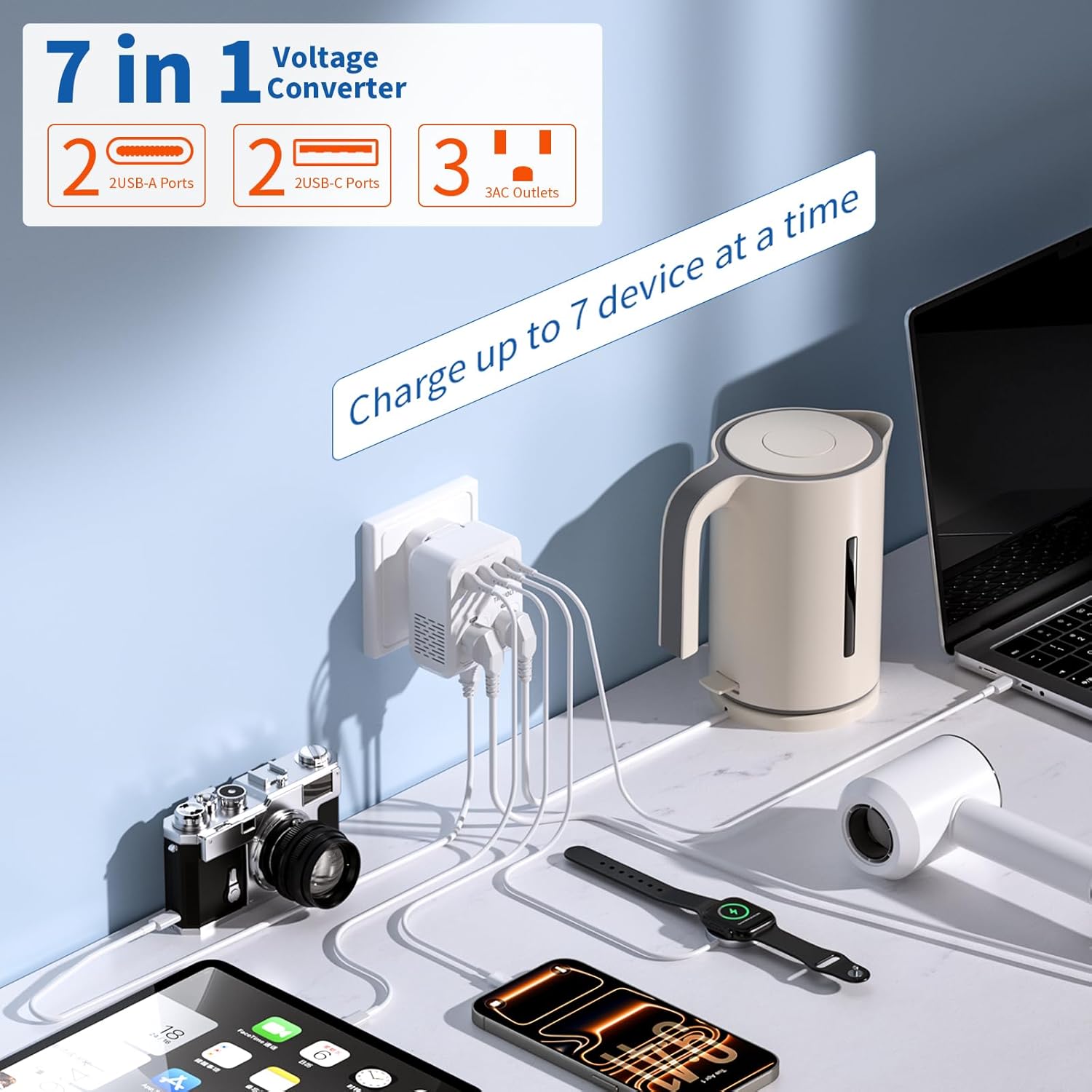 2000W Voltage Converter US to Europe for Hair Dryers, 7-in-1 220V to 110V Converter for European Travel with 3 AC/2 USBA/2 USBC Ports (PD20W) (White) - Image 2