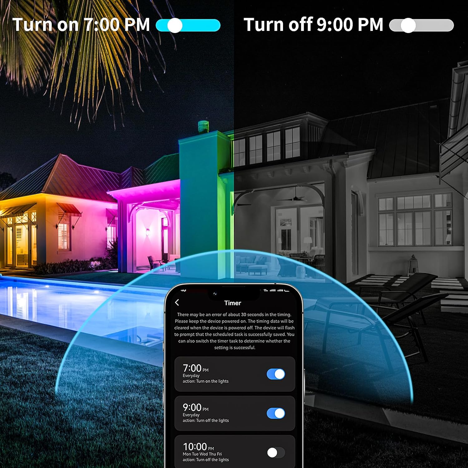 KSIPZE 50ft Outdoor led Strip Lights Waterproof IP68, RGB Outdoor led Lights with Button & Bluetooth App Control, Music Sync, Timer, Exterior Led Rope Lights for Decor Balcony, Roof, Garden, Pool - Image 4