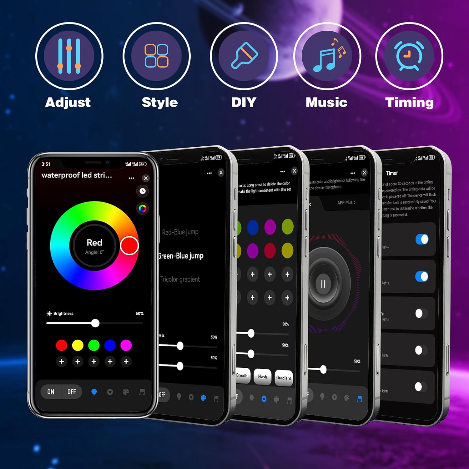 KSIPZE 50ft Outdoor led Strip Lights Waterproof IP68, RGB Outdoor led Lights with Button & Bluetooth App Control, Music Sync, Timer, Exterior Led Rope Lights for Decor Balcony, Roof, Garden, Pool - Image 5