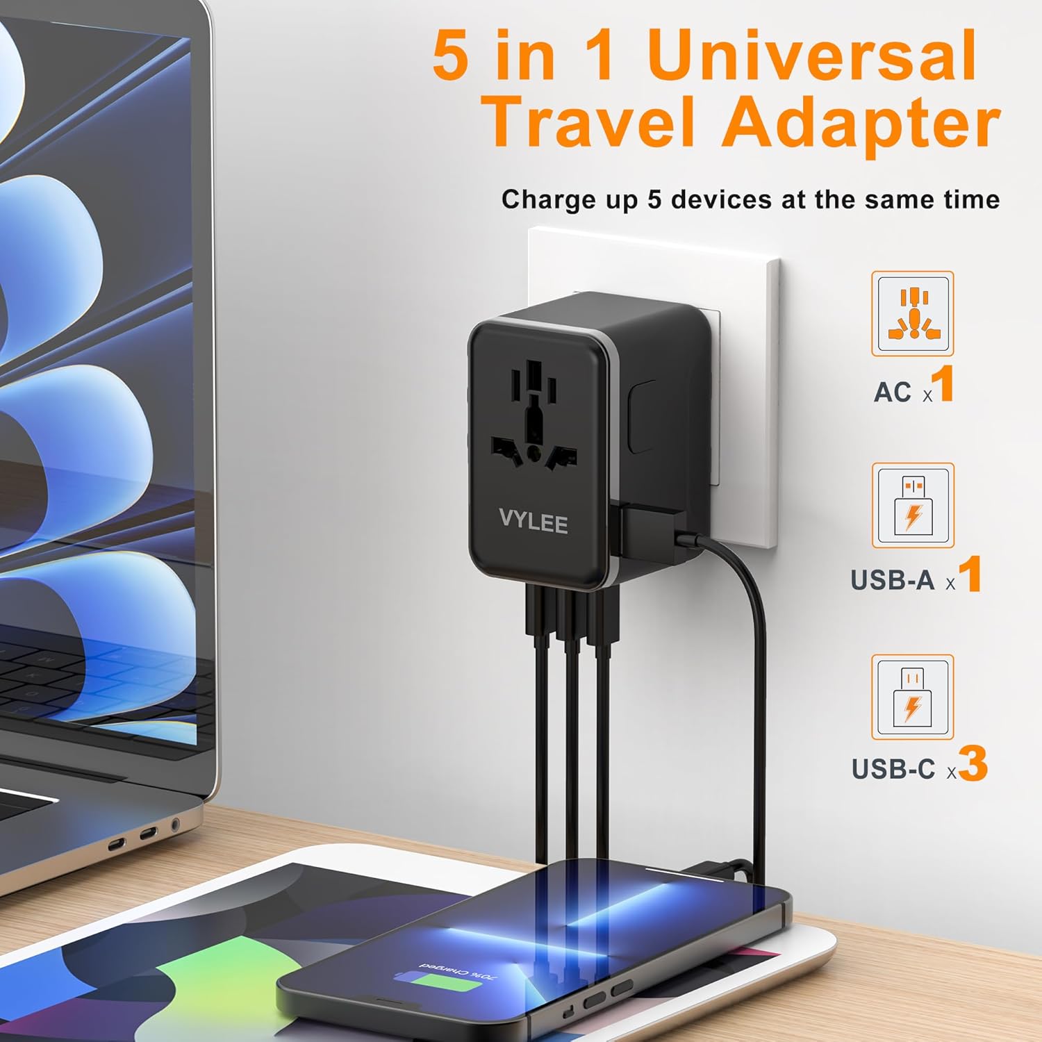 VYLEE Universal Travel Adapter, PD45W GaN International Power Adapter with 3 USB C and 1 USB A Charging Ports, All in One Power Outlet, Worldwide Plug Adapter for US to European UK AUS Ireland - Image 2