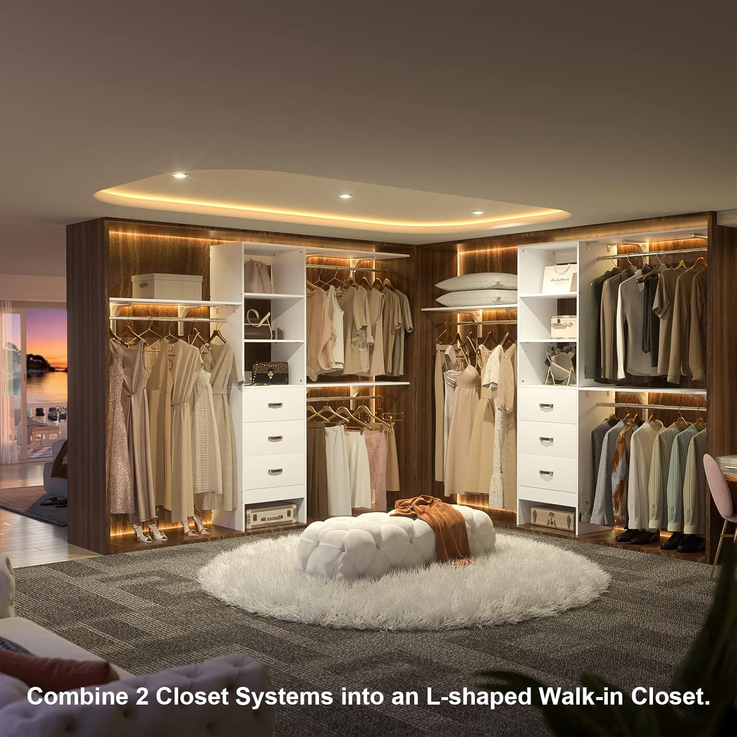 iSunirm 8FT Closet System, 96'' Closet Organizer System with 3 Hanging Rods, Wall Mount Bedroom Wardrobe with 3 Drawers Walk-in Closet, Adjustable Cloth Garment Rack from 5 to 8FT (Cut to Fit), White - Image 4