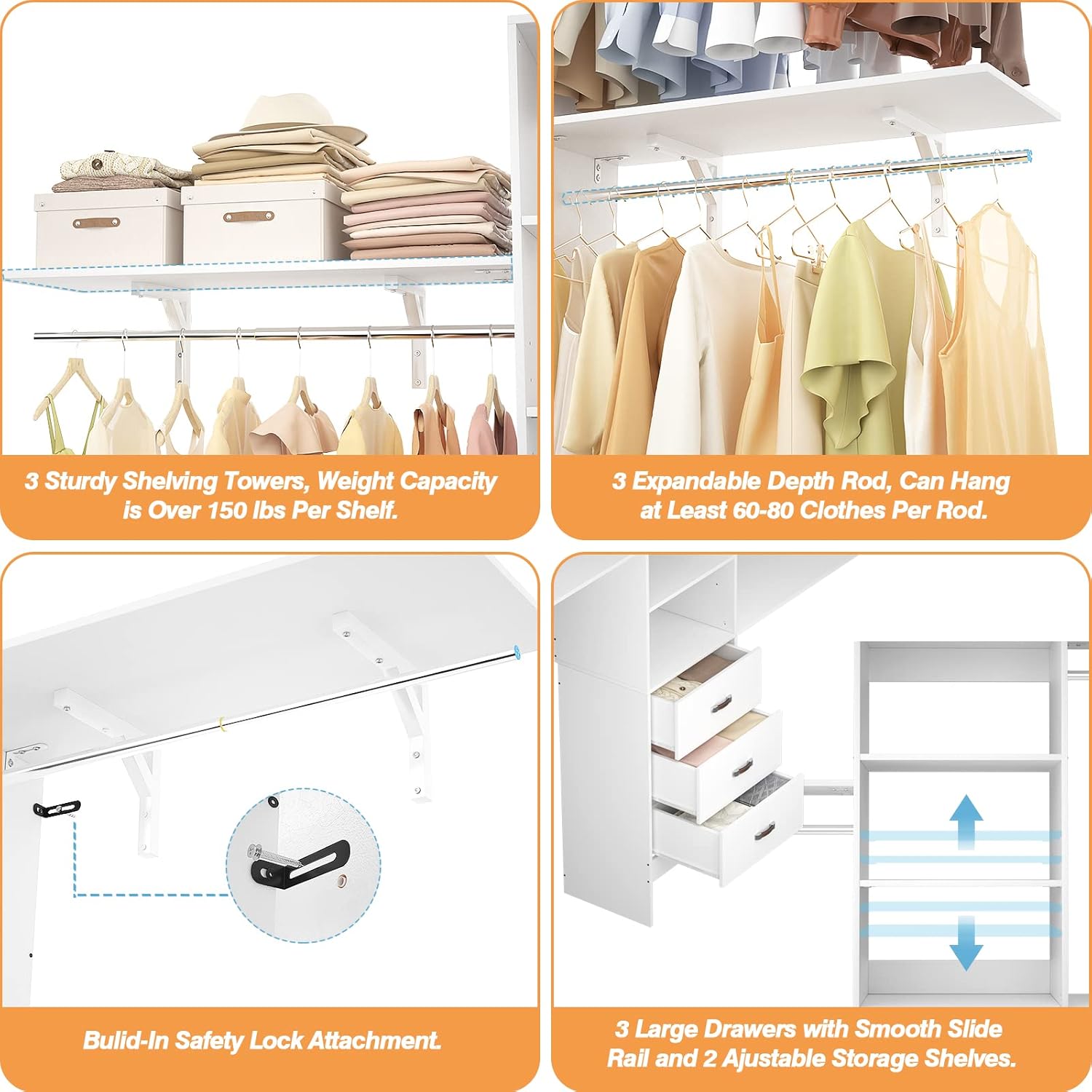 iSunirm 8FT Closet System, 96'' Closet Organizer System with 3 Hanging Rods, Wall Mount Bedroom Wardrobe with 3 Drawers Walk-in Closet, Adjustable Cloth Garment Rack from 5 to 8FT (Cut to Fit), White - Image 6