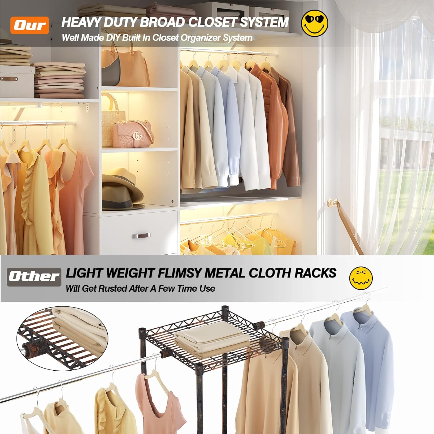iSunirm 8FT Closet System, 96'' Closet Organizer System with 3 Hanging Rods, Wall Mount Bedroom Wardrobe with 3 Drawers Walk-in Closet, Adjustable Cloth Garment Rack from 5 to 8FT (Cut to Fit), White - Image 7