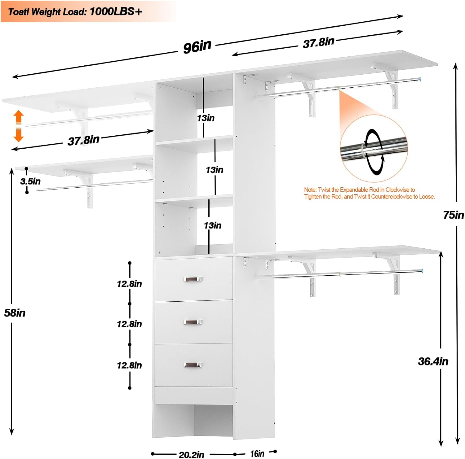 iSunirm 8FT Closet System, 96'' Closet Organizer System with 3 Hanging Rods, Wall Mount Bedroom Wardrobe with 3 Drawers Walk-in Closet, Adjustable Cloth Garment Rack from 5 to 8FT (Cut to Fit), White - Image 8