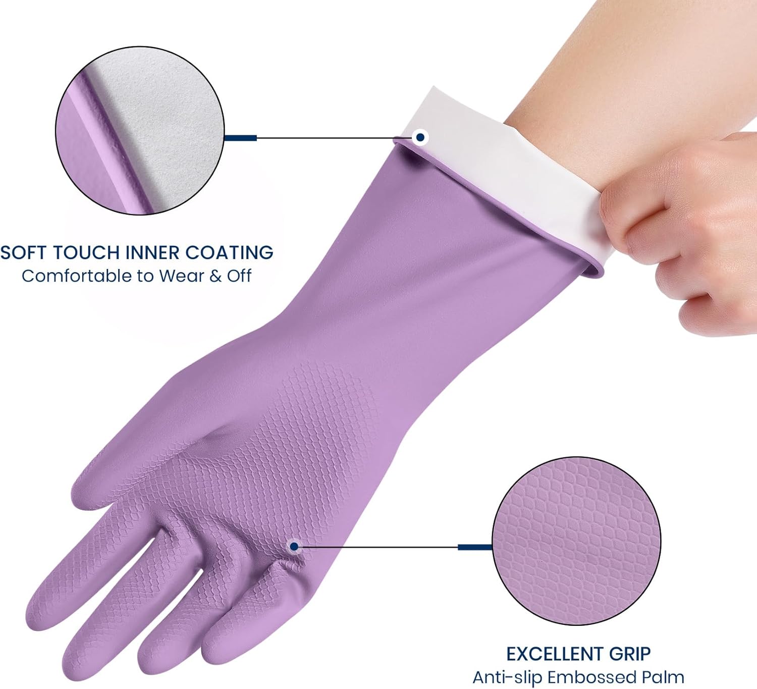 Rubber Cleaning Gloves for Dishwashing, 4 Pairs Reusable Kitchen Gloves for Washing Dishes and Household Cleaning, Colorful Dish Gloves with Flocked Lining and Non-Slip Grip, Pefect for Woman Men - L - Image 2
