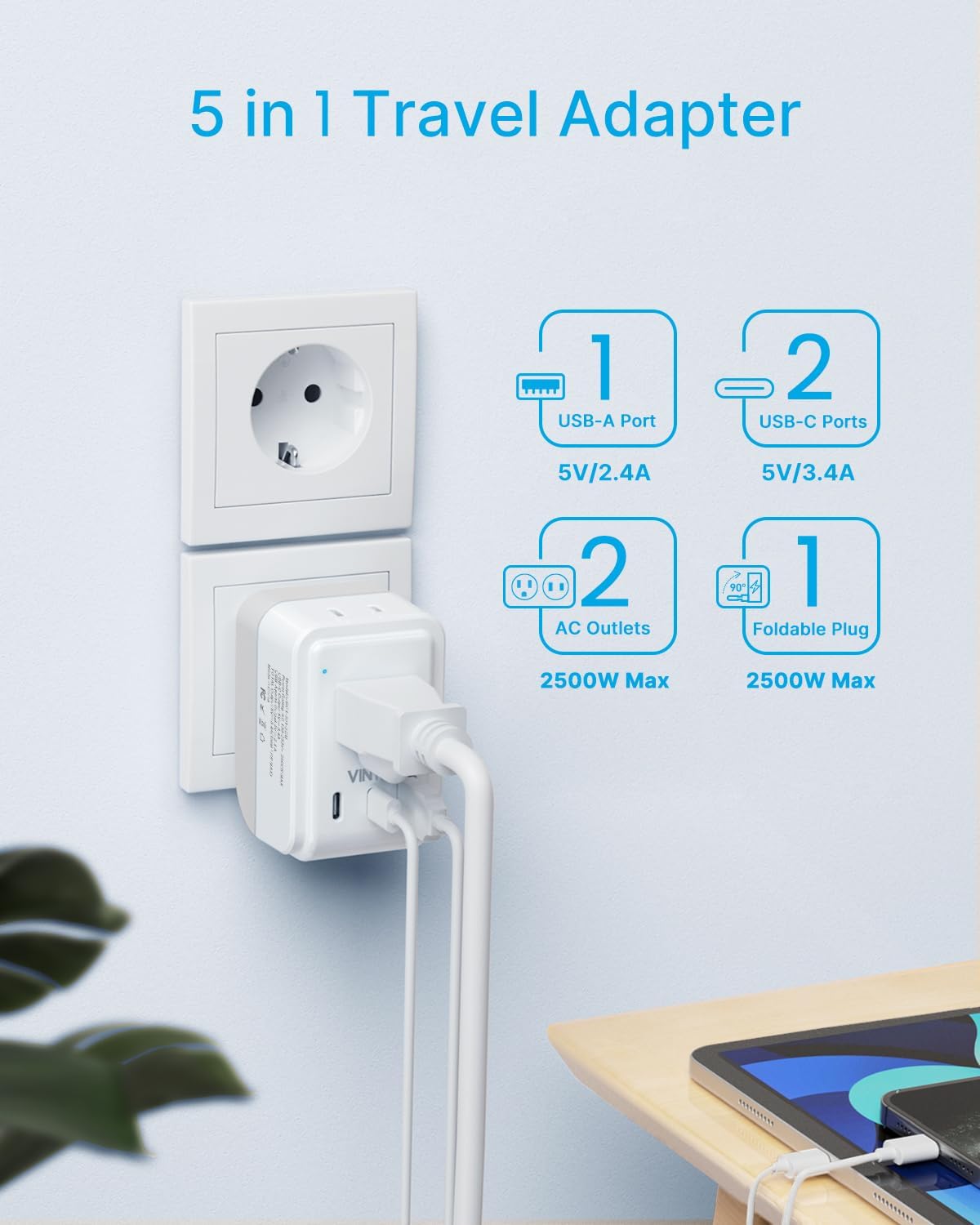 2 Pack European Travel Plug Adapter, VINTAR Foldable International Power Adapter with 2 AC Outlets 3 USB Charging Ports(2 USB C), Type C Power Adaptor to Most Europe Italy Spain France Iceland Germany - Image 5