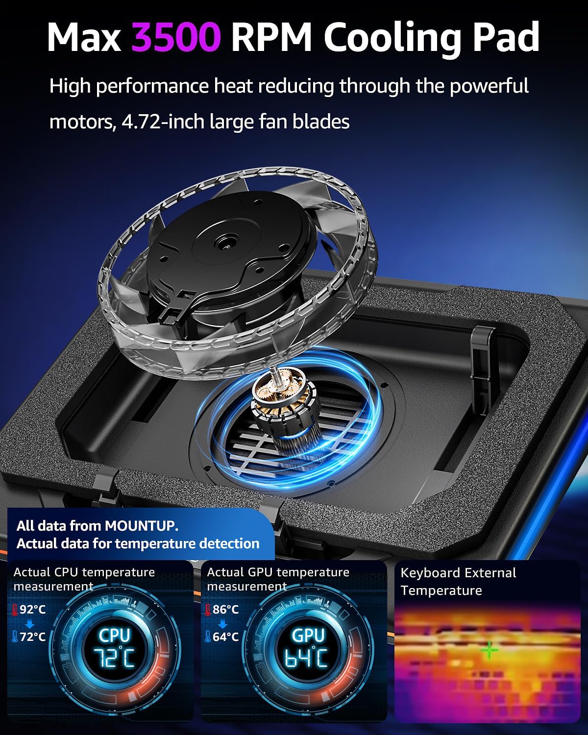 MOUNTUP RGB Laptop Cooling Pad for 13-19 Inch, Max 3500RPM Gaming Laptop Cooler, Cooling Pad Stand with Touch Switch to Control Speed, Laptop Fan Cooling Pad with Powerful 4.72 Inch Turbo Fan - Image 3